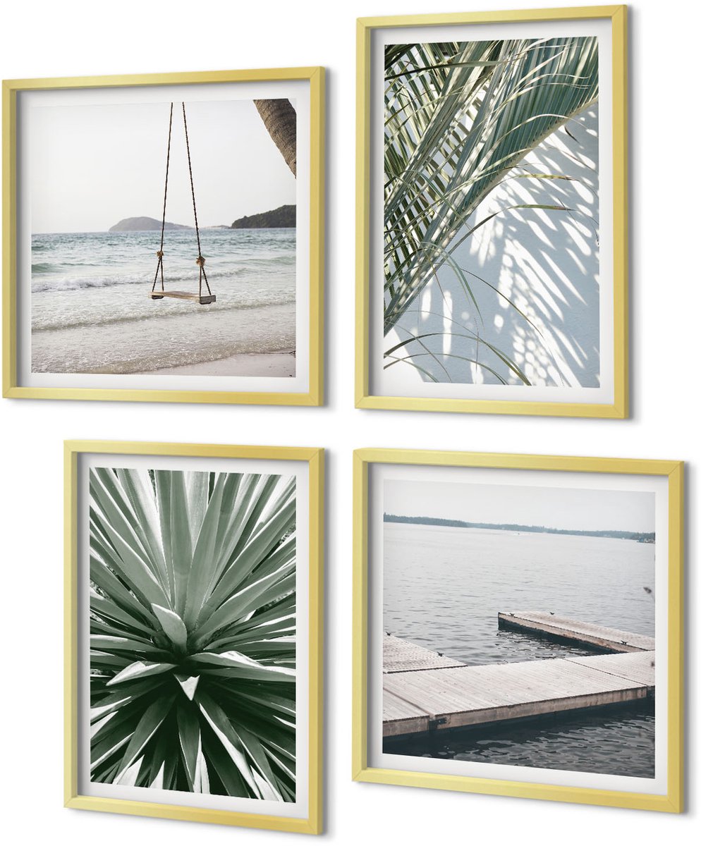 Coloray 4-Delige Schilderij Set - Schommel van palmbladeren en houten brug - 40 x 40 cm en 40 x 60 cm - Decoratieve Schilderijen - Wanddecoratie - Hal - Interieur Decoratie
