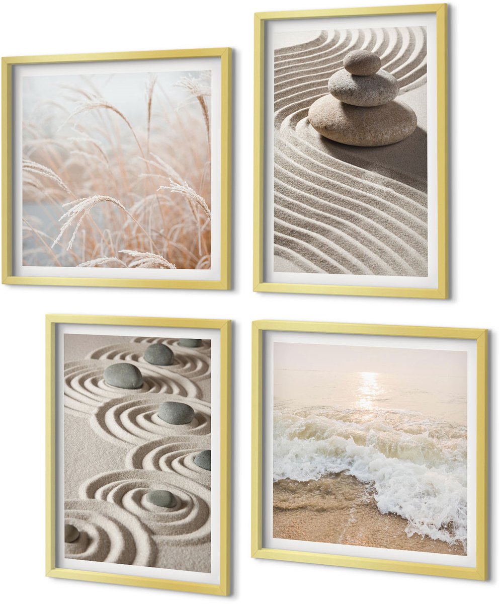Coloray 4-Delige Schilderij Set - Rustig zand en kabbelend water met kiezels op het strand. - 40 x 40 cm en 40 x 60 cm - Wanddecoratie - Schilderijen Set - Interieur - Stijlvolle Muurdecoratie