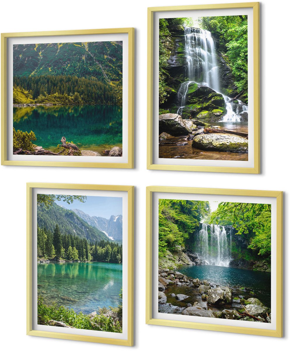 Coloray 4-Delige Schilderij Set - Watervallen in een groene omgeving met stenen en water. - 40 x 40 cm en 40 x 60 cm - Muurdecoratie - Wanddecoratie - Slaapkamer - Interieur Decoratie