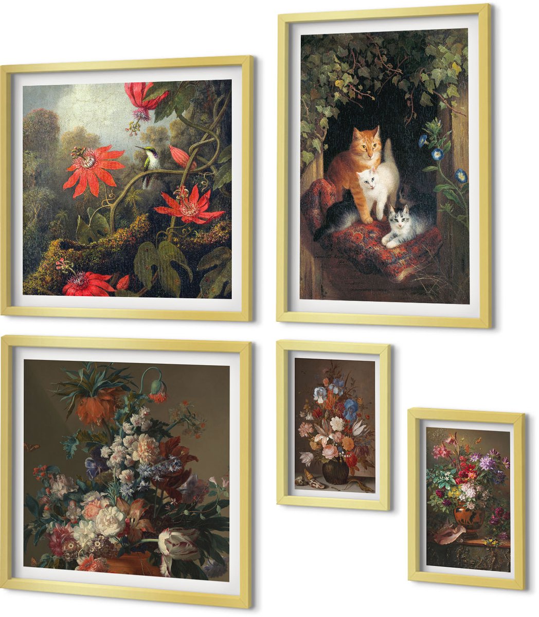 Coloray 5-Delige Schilderij Set - Bloemstukken En Schattige Vintage Katten - 50 x 50 cm, 20 x 30 cm En 40 x 60 cm - Decoratieve Schilderijen - Woonkamer - Interieur - Interieur Decoratie