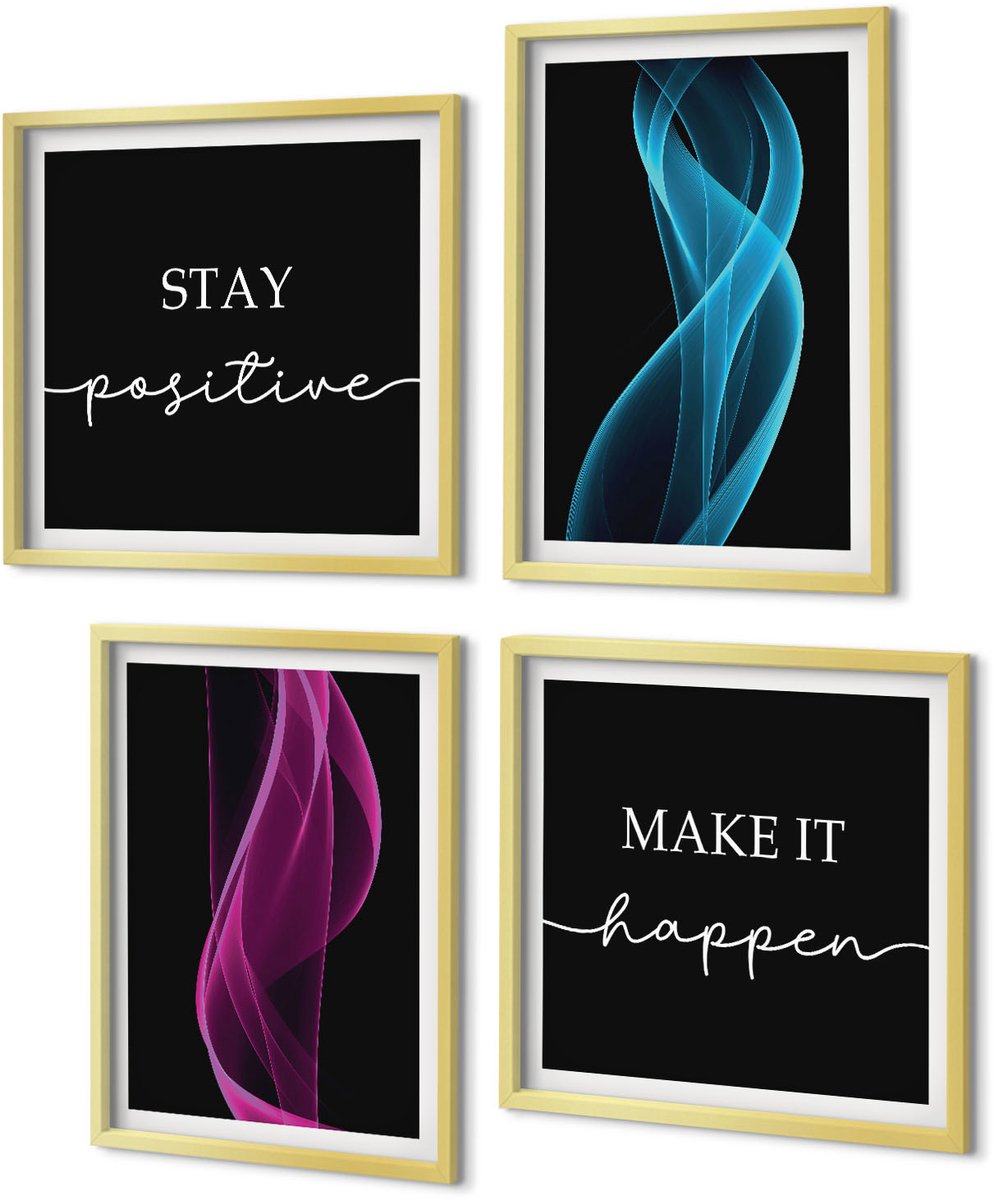 Coloray 4-Delige Schilderij Set - Golven van kleurrijke neonlijnen op een donkere achtergrond - 40 x 40 cm en 40 x 60 cm - Wanddecoratie - Schilderijen Set - Kantoor - Decoratieve Schilderijen