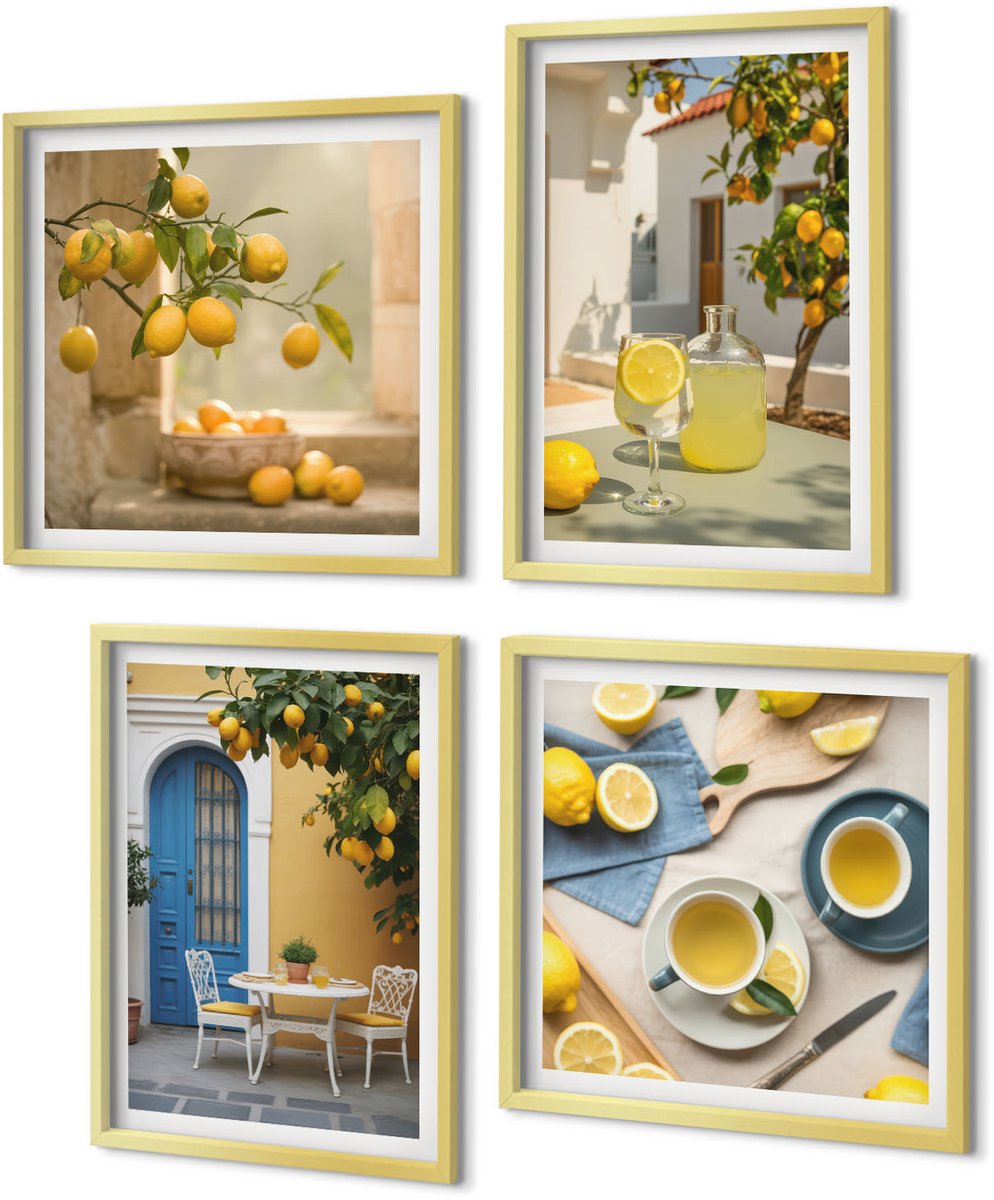Coloray 4-Delige Schilderij Set - Citroenen Limonade Blauwe Deur Zomer Uitzichten - 40 x 40 cm en 40 x 60 cm - Muurdecoratie - Wanddecoratie - Hal - Woonkamer Decoratie