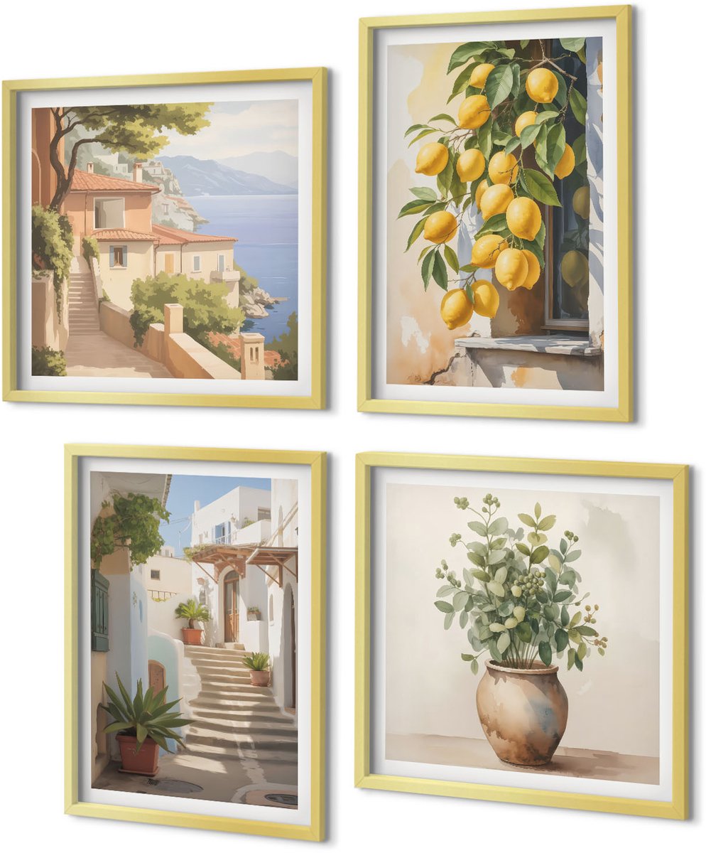 Coloray 4-Delige Schilderij Set - Potplanten en citroenen tegen de achtergrond van een straat. - 40 x 40 cm en 40 x 60 cm - Stijlvolle Muurdecoratie - Kantoor - Woonkamer Decoratie