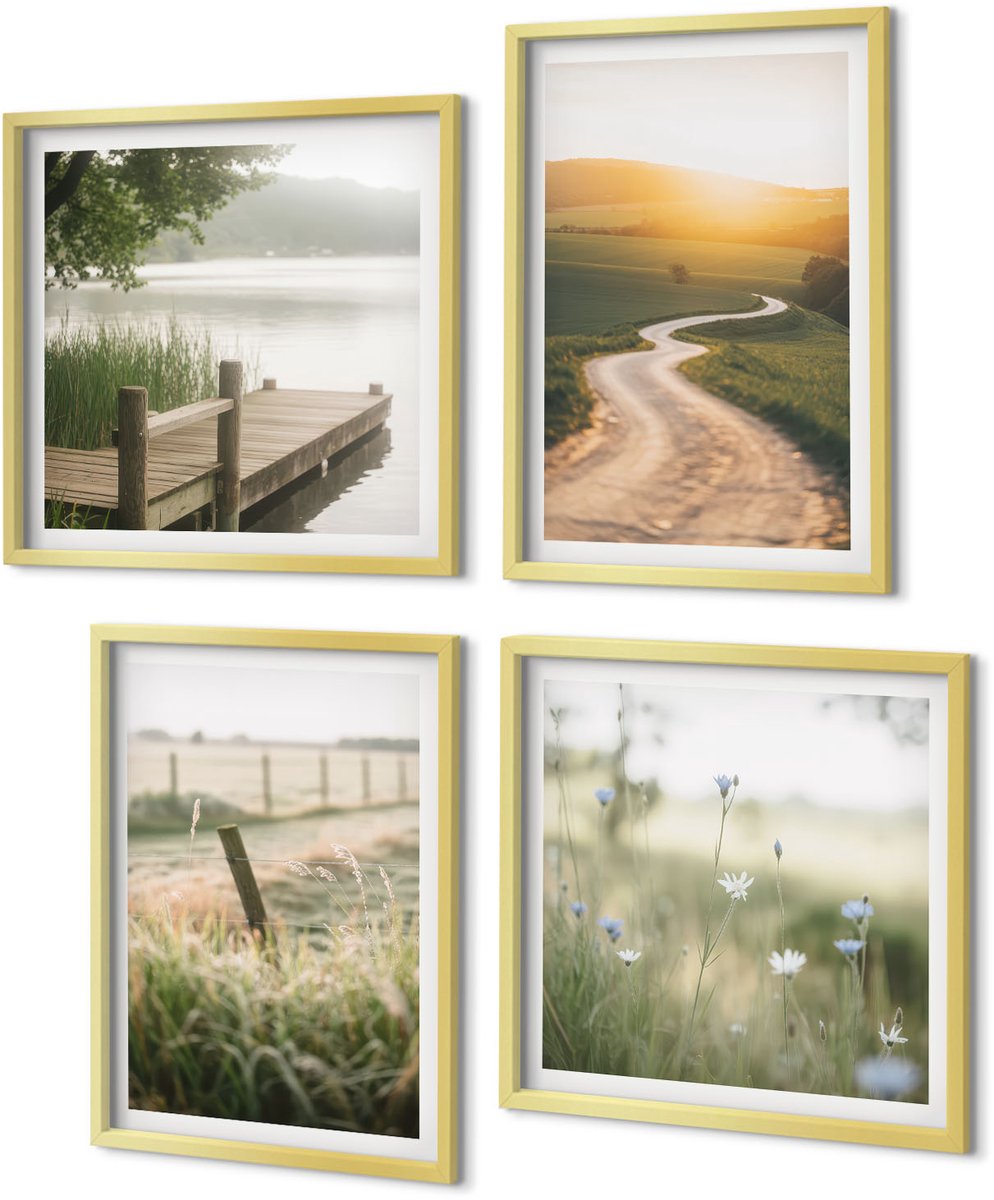 Coloray 4-Delige Schilderij Set - Landschap met een weide, een weg en een zonsondergang. - 40 x 40 cm en 40 x 60 cm - Wanddecoratie - Moderne Interieurdecoratie - Stijlvolle Muurdecoratie