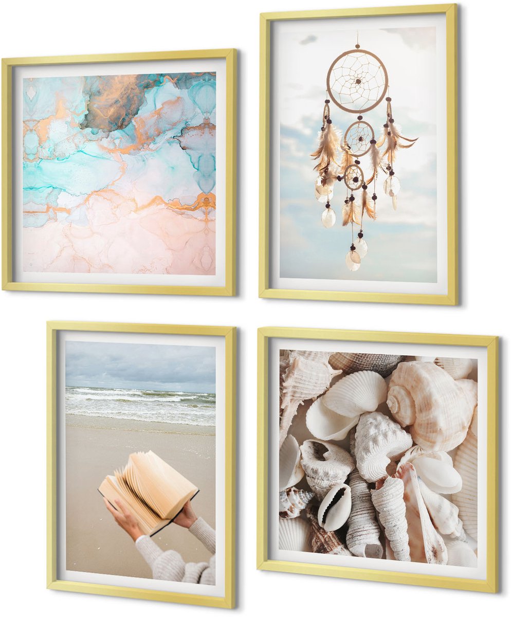 Coloray 4-Delige Schilderij Set - Een leesboek met zeeschelpen en een boho-dromenvanger - 40 x 40 cm en 40 x 60 cm - Decoratieve Schilderijen - Woonkamer - Interieur - Muurdecoratie