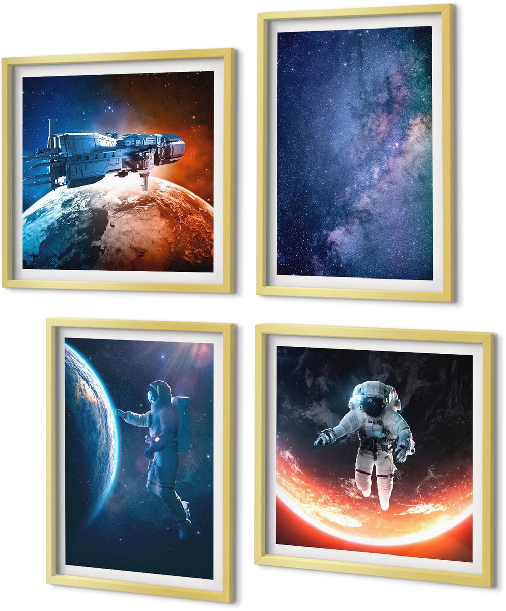 Coloray 4-Delige Schilderij Set - Uitzichten vanuit de ruimte: Astronauten in de sterren - 40 x 40 cm en 40 x 60 cm - Wanddecoratie - Muurdecoratie - Moderne Interieurdecoratie - Stijlvolle Muurdecoratie