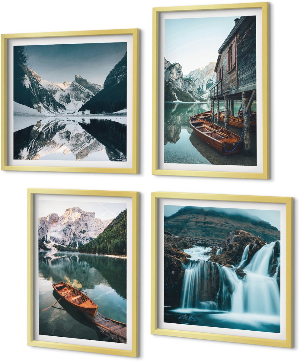 Coloray 4-Delige Schilderij Set - Bergmeren met boten en weerspiegelingen in het water. - 40 x 40 cm en 40 x 60 cm - Decoratieve Schilderijen - Woonkamer - Interieur - Woonkamer Decoratie