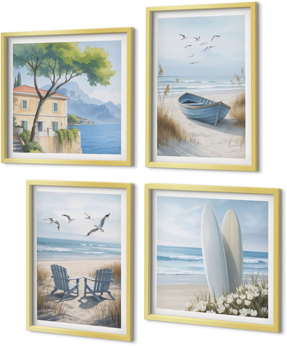 Coloray 4-Delige Schilderij Set - Strand met surfplanken, boten en vogels - 40 x 40 cm en 40 x 60 cm - Wanddecoratie - Schilderijen Set - Kantoor - Woonkamer Decoratie