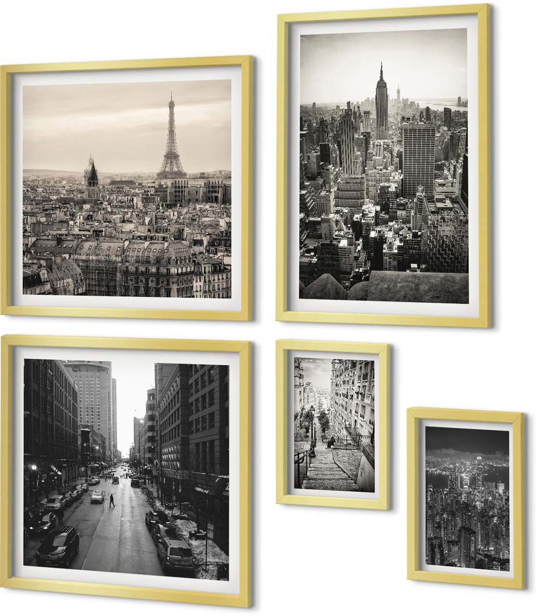 Coloray 5-Delige Schilderij Set - Stadspanorama'S Van Iconische Hoofdsteden In Europa En De Vs - 50 x 50 cm, 20 x 30 cm En 40 x 60 cm - Muurdecoratie - Wanddecoratie - Slaapkamer