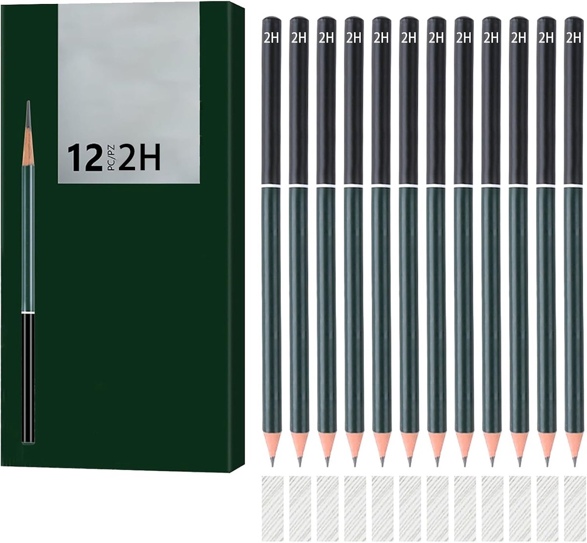 Potlodenset (12 stuks), 2H F HB B 2B 3B 4B 6B 8B en 3 tekenkoolpotloden, hard houtskool, medium houtskool - ShopVlot