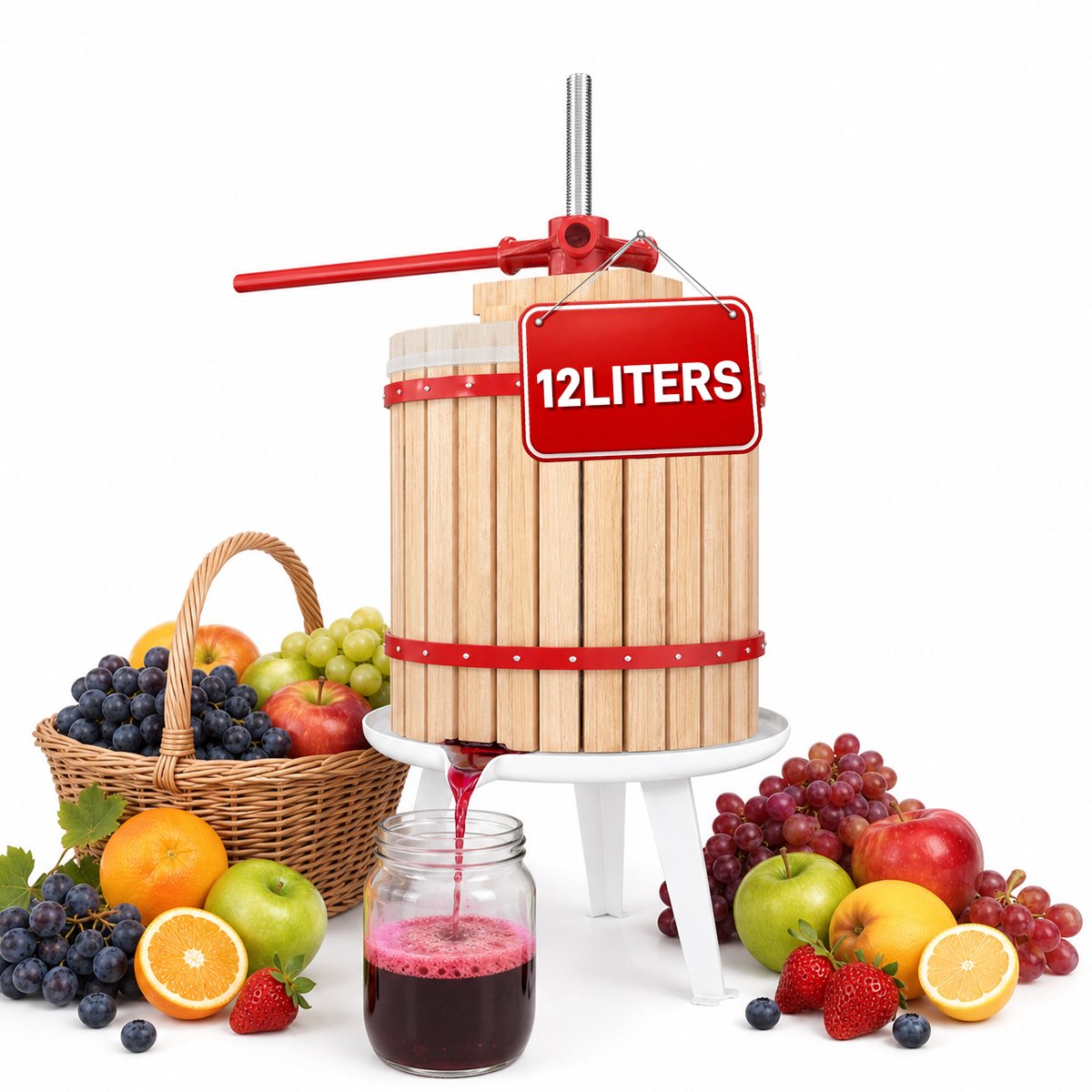 Fruitpers 12L Hout - Manuele Sap-, Wijn- en Bessenpers Complete Set - Inclusief Persdoek, Drukplaat, Metalen Spindel en Driebenig Onderstel - Geschikt voor Fruit- en Groentesap - NAIZY