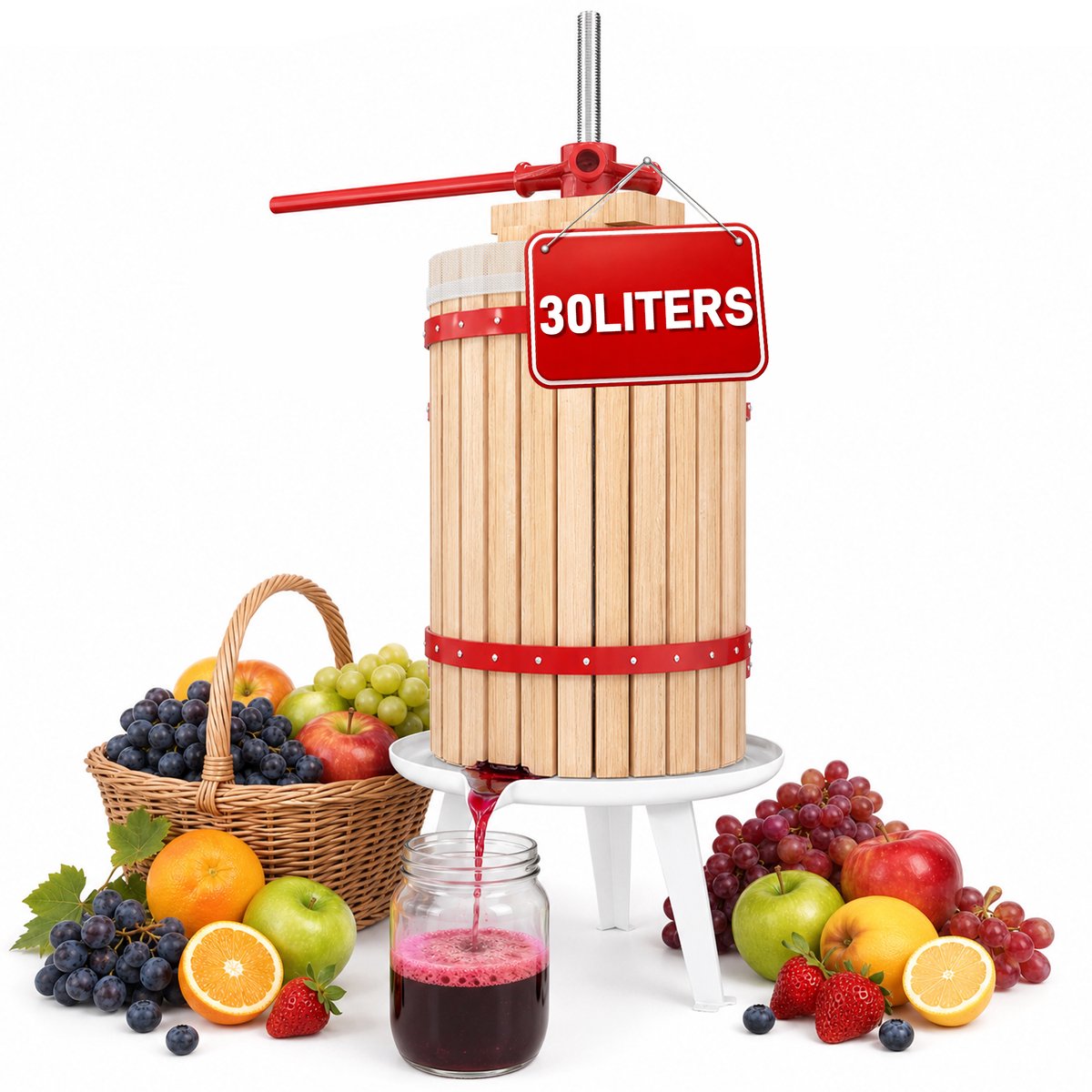 Fruitpers 30L Hout - Manuele Sap-, Wijn- en Bessenpers Complete Set - Inclusief Persdoek, Drukplaat, Metalen Spindel en Driebenig Onderstel - Geschikt voor Fruit- en Groentesap - NAIZY