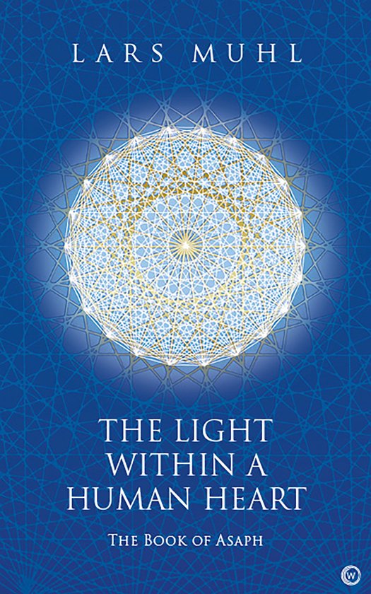 Boek 'The Light within a Human Heart' van Lars Muhl met een abstract gouden geometrisch patroon op een blauwe achtergrond.