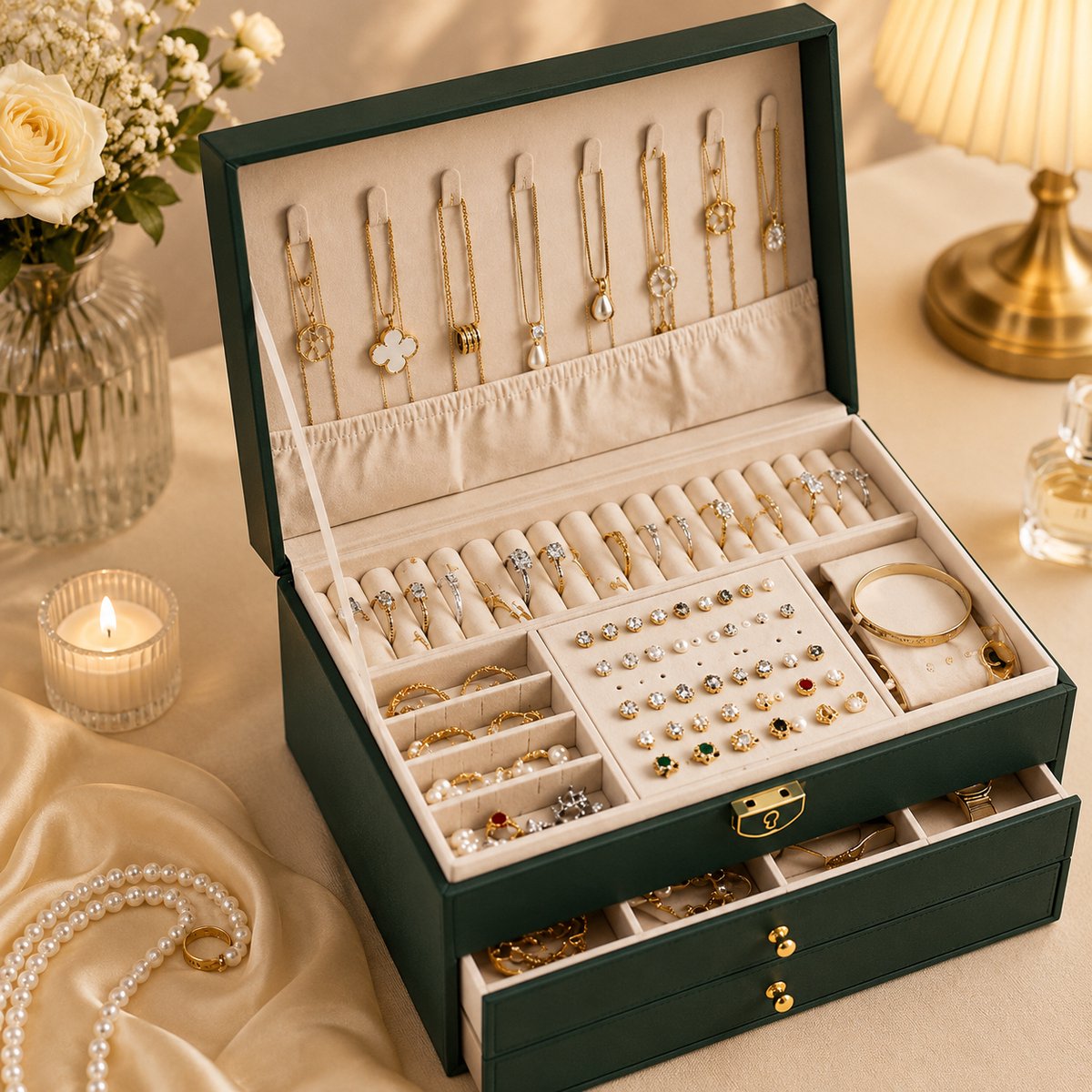 merkloos PU sieradendoosje met 3 lades voor oorbellen, ringen en kettingen – compacte opbergdoos voor sieraden, bureau-organizer en decoratie voor huis, keuken, badkamer en slaapkamer