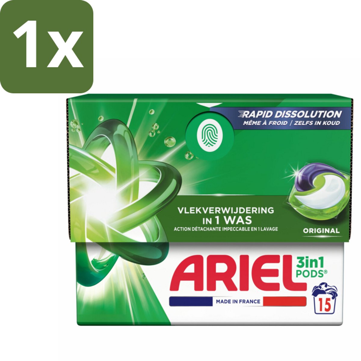 1 x Ariel - 3in1 Wasmiddel Pods - Original - 15 Pods - Ariel 3in1 Pods - Wasmiddel Pod - Krachtige Was - Vlekverwijdering - Frisheid Wasmiddel