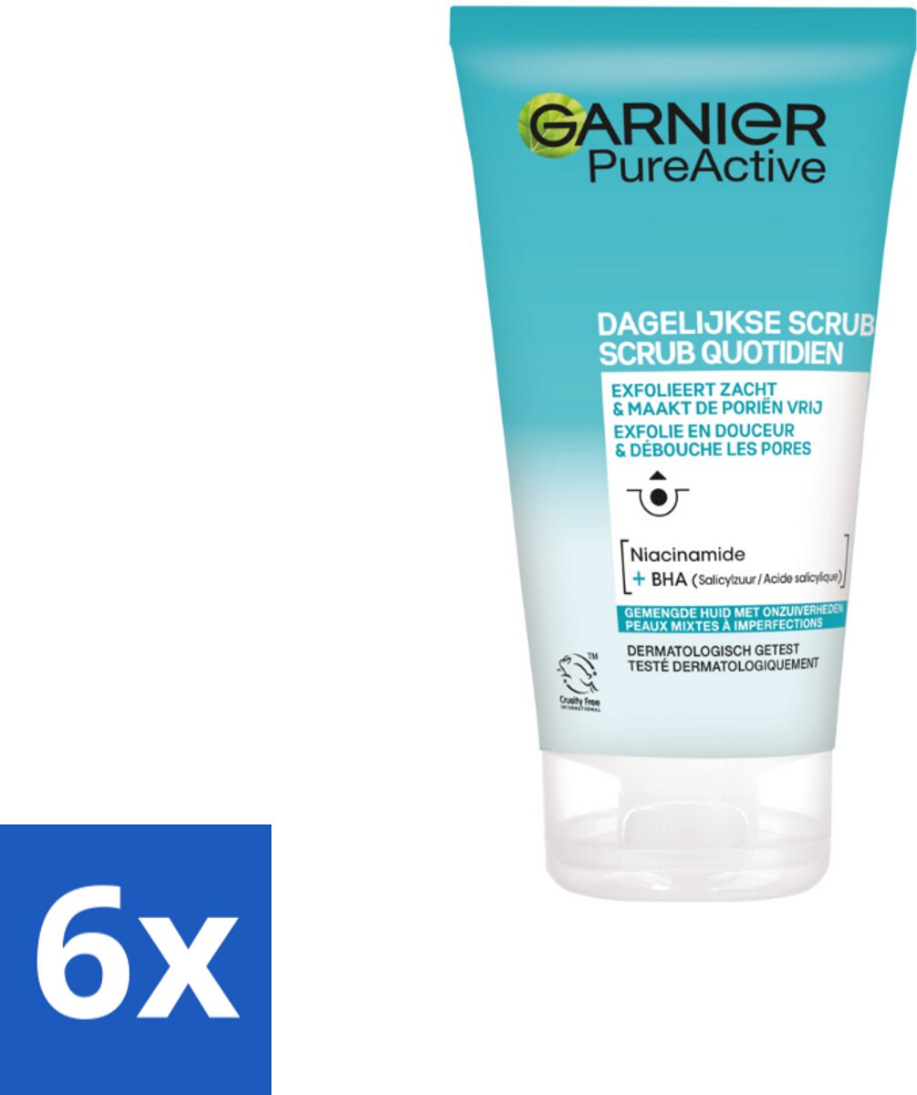 6 x Garnier - Pure Active - Dagelijkse Scrub - Niacinamide & BHA - Exfolieert & Reinigt Poriën - 150 ml - Gezichtsreiniger - Scrub - Poriënreiniger - Niacinamide - BHA