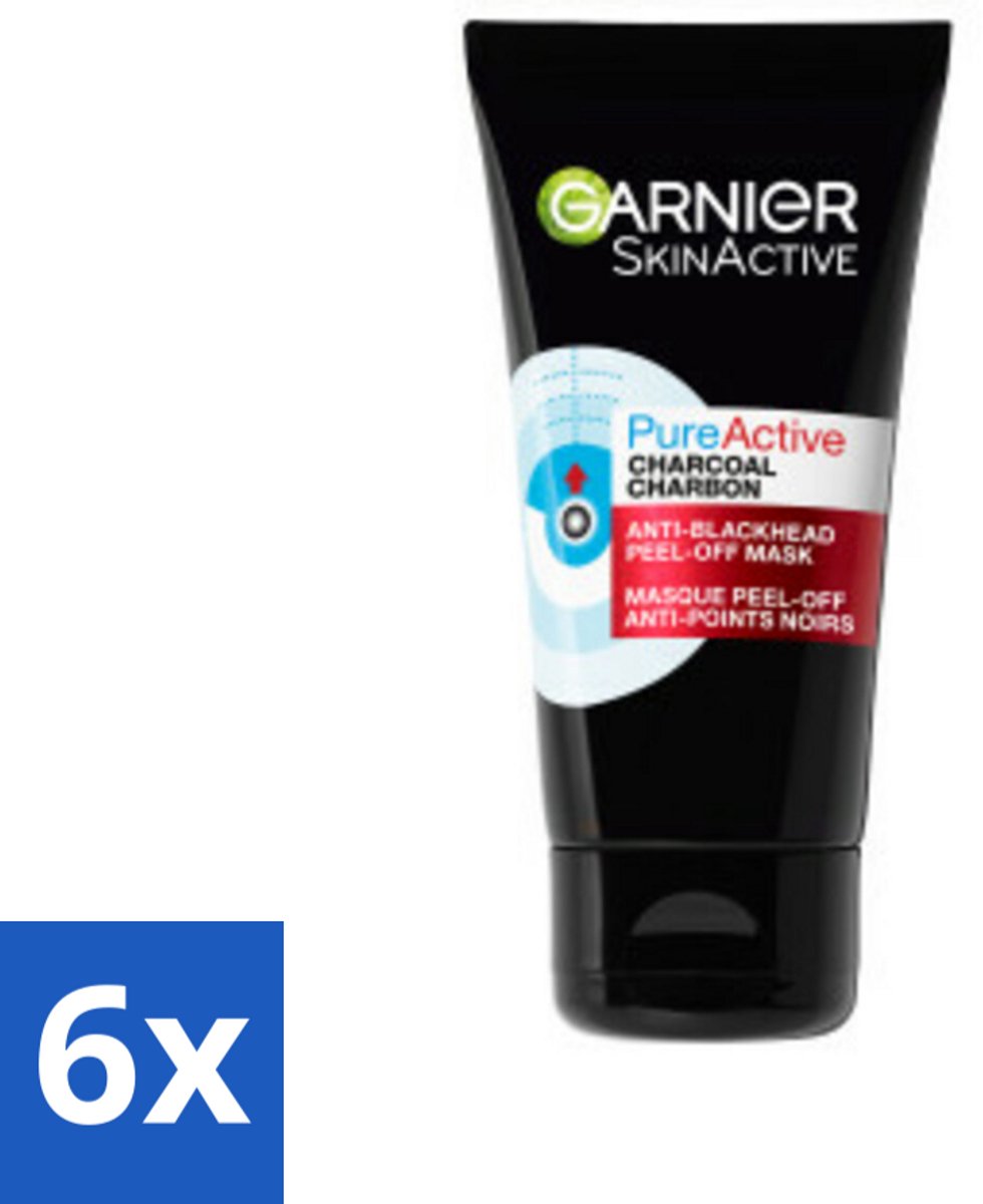 6 x Garnier - Pure Active - Peel-Off Masker - Charcoal - 50 ml - Diepe Reiniging - Houtskool Masker - Poriën Vermindering - Mee-eters Verwijderen - Gezichtsmasker