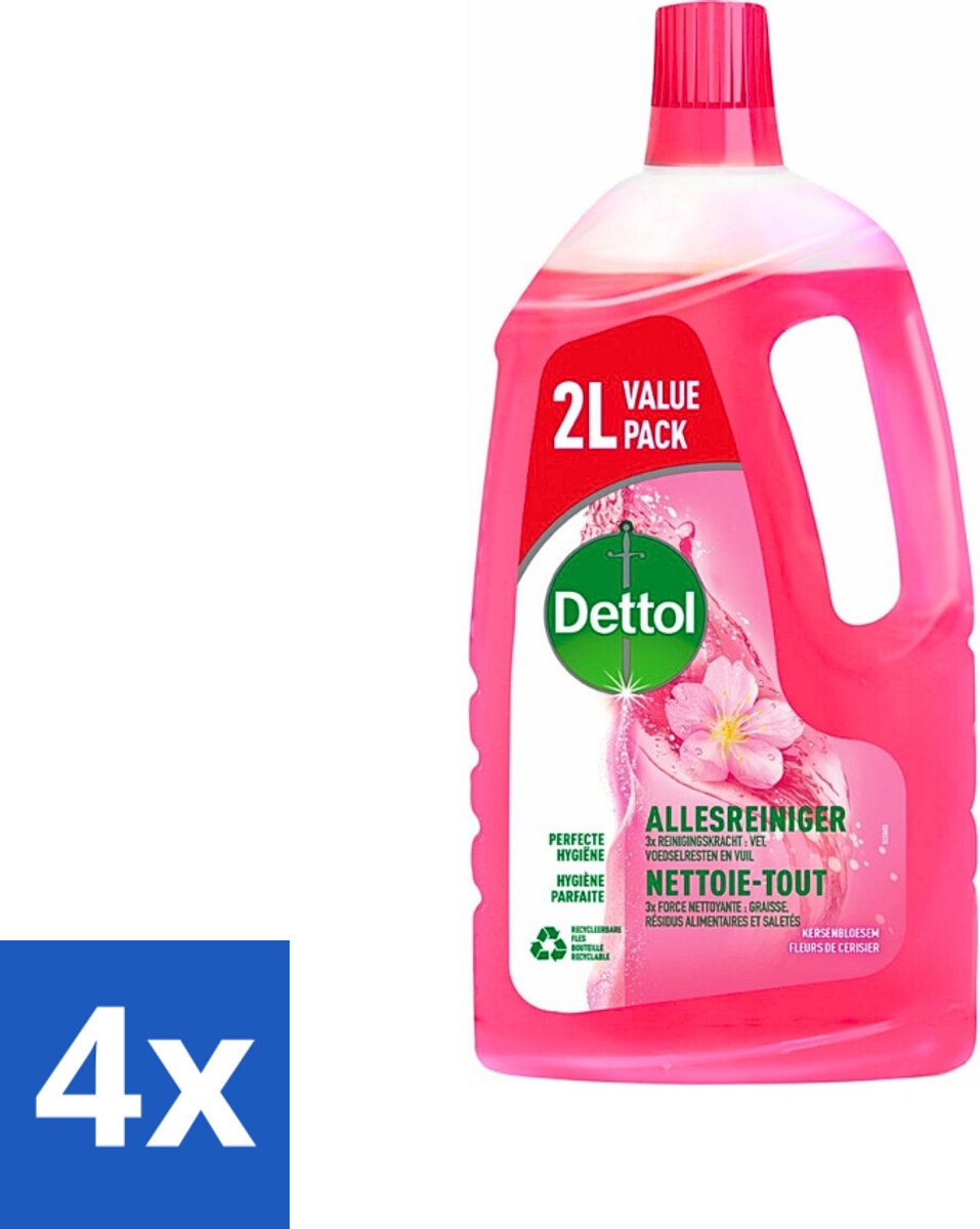 4 x Dettol - Allesreiniger - Kersenbloesem - Dieptereiniging - 2 liter - Allesreiniger - Schoonmaakproduct - Antibacterieel - Kersenbloesemgeur - Dieptereiniging