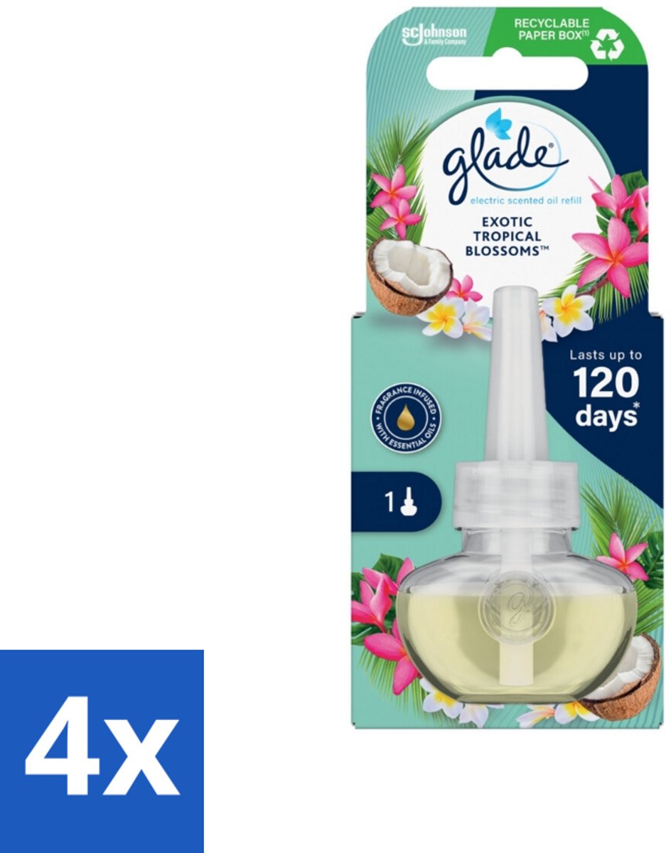 4 x Glade - Navulling Elektrische Olie - Exotic Tropical Blossoms - Zonder Houder - Geurkaars - Elektrische Geur - Tropische Geur - Monoi Olie - Kokosmelk