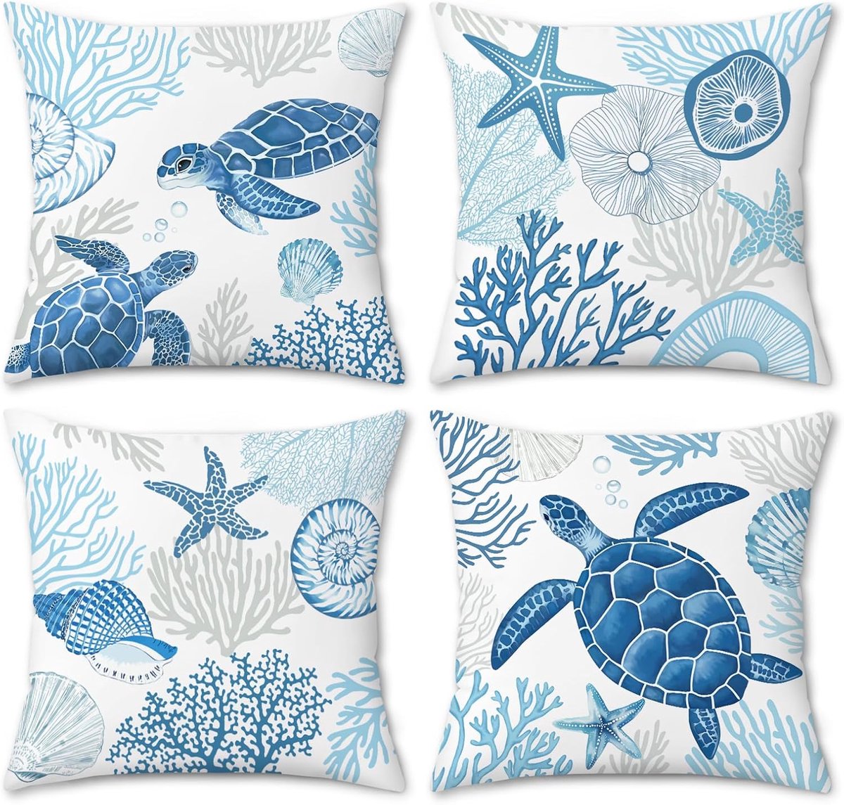 Cushion Covers 45x45cm - Set van 4 - Velvet - Coastal thema met zeeleven - Perfect voor sfeervolle inrichting - ShopVlot