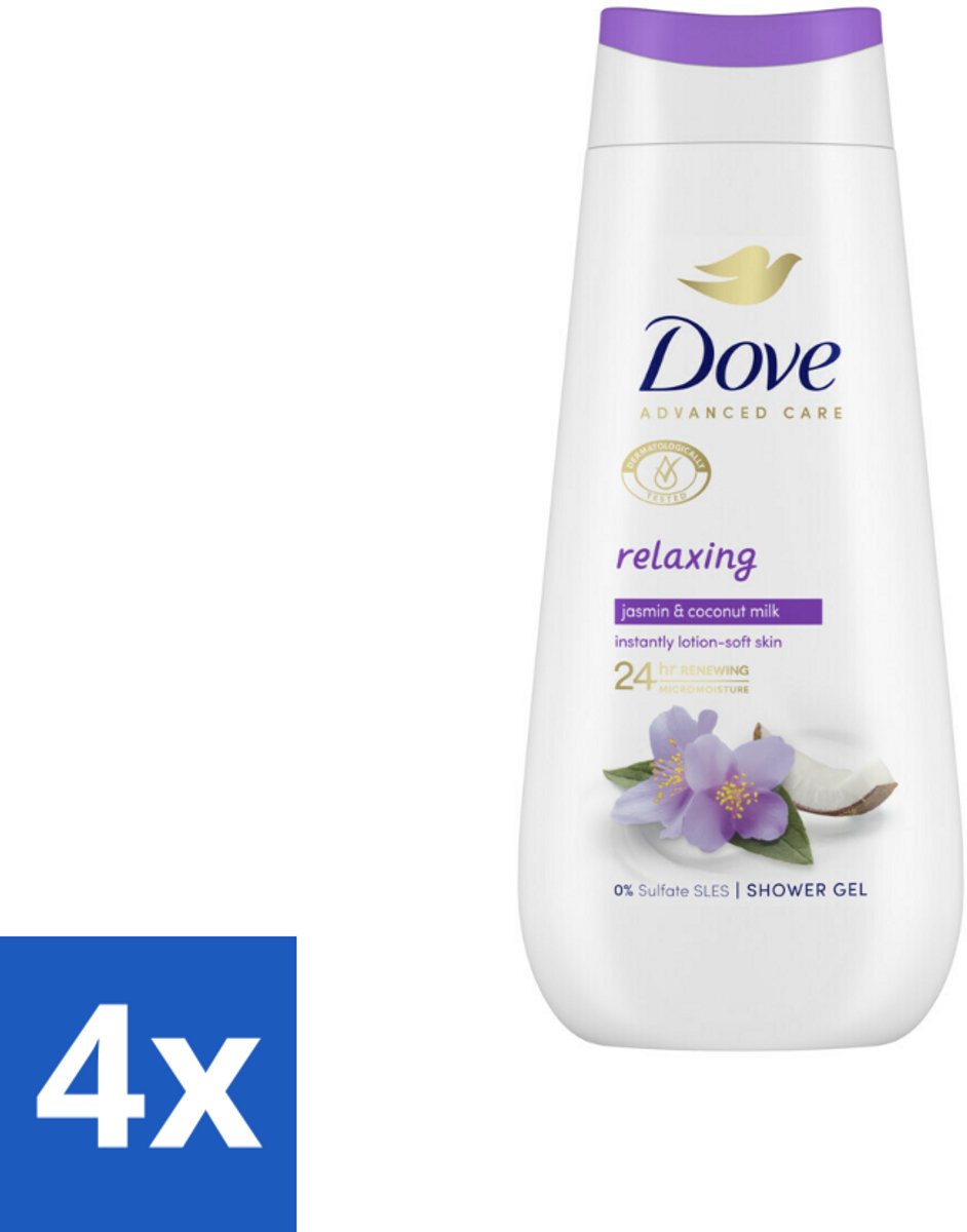 4 x Dove Douchecrème - Relaxing - Kokos & Jasmijn - 225 ml - Douchegel - Verzorgend - Hydraterend - Jasmijn - Kokosmelk