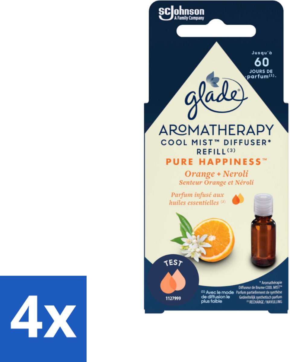 4 x Glade - Mistnavulling Pure Happiness - Aromatherapie - 17,4 ml - Geur Diffuser - Aromatherapie - Sinaasappel Geur - Neroli Geur - Positieve Energie