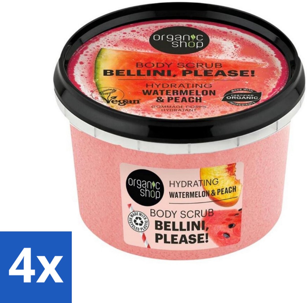 4 x Organic Shop - Body Scrub Watermelon & Peach - Hydratatie en Frisheid - 250 ml - Lichaams Scrub - Scrub - Hydraterende Body Scrub - Zomerse Geur - Biologische Body Scrub