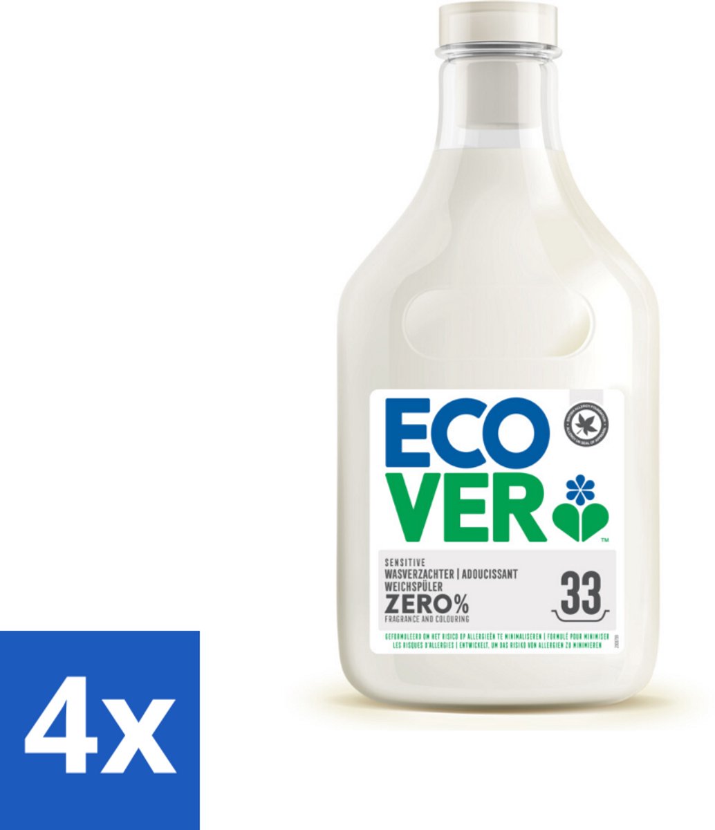 4 x Ecover - Wasverzachter Zero - Zonder geurstoffen - 1 liter - 33 wasbeurten - Wasverzachter - Wasverzachter Zonder Geur - Hypoallergeen - Biologisch Afbreekbaar - Plantaardige Ingrediënten