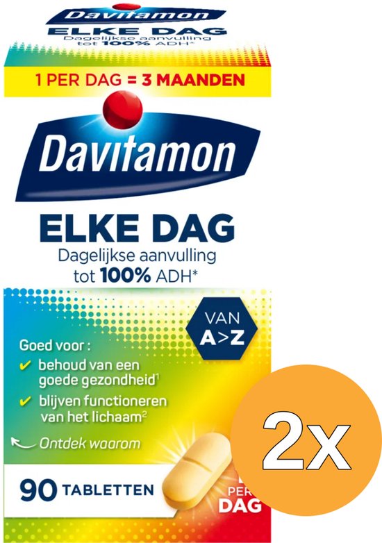 Davitamon Elke Dag, 2x 90 tabletten. Gele verpakking met tekst "1 PER DAG = 3 MAANDEN" en "Dagelijkse aanvulling tot 100% ADH".