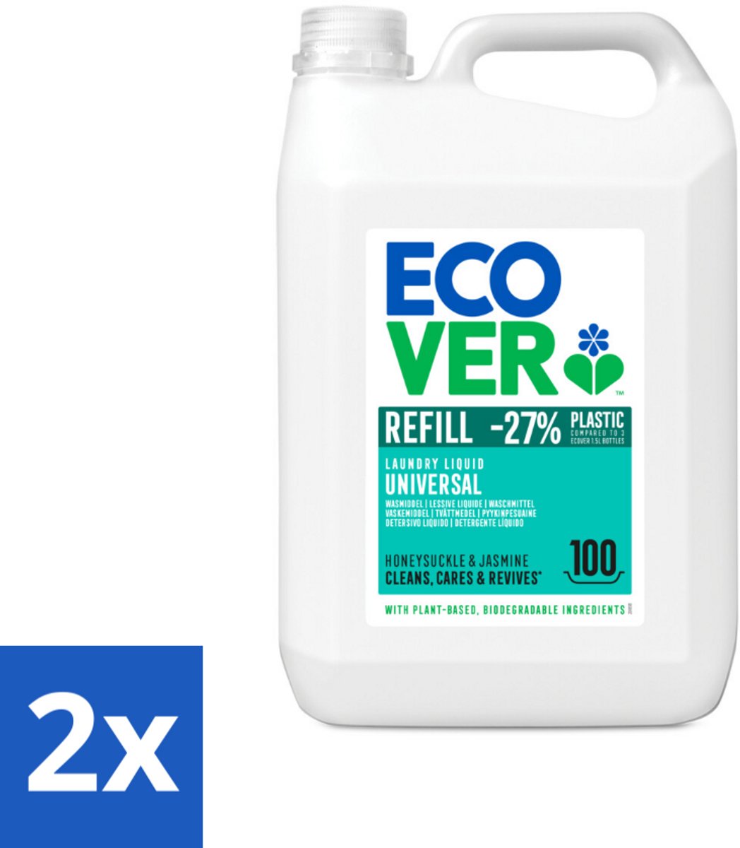 2 x Ecover - Vloeibaar wasmiddel - Universeel - Kamperfoelie & Jasmijn - 5 liter - 100 wasbeurten - Wasmiddel - Biologisch Wasmiddel - Plantaardig Wasmiddel - Vlekkenverwijderaar - Wasmiddel Kamperfoelie
