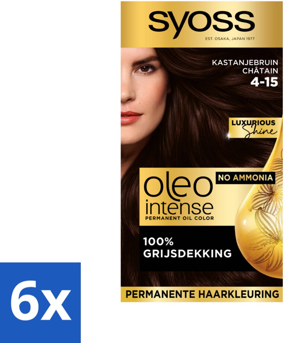 6 x SYOSS - Oleo Intense 4-15 Kastanje Bruin - Haarverf - Zonder Ammoniak - Grijsdekking - Langdurige Kleur - Permanente Haarkleur - Haarkleur Zonder Ammoniak - Olie-formule - Grijsdekking - Arganolie