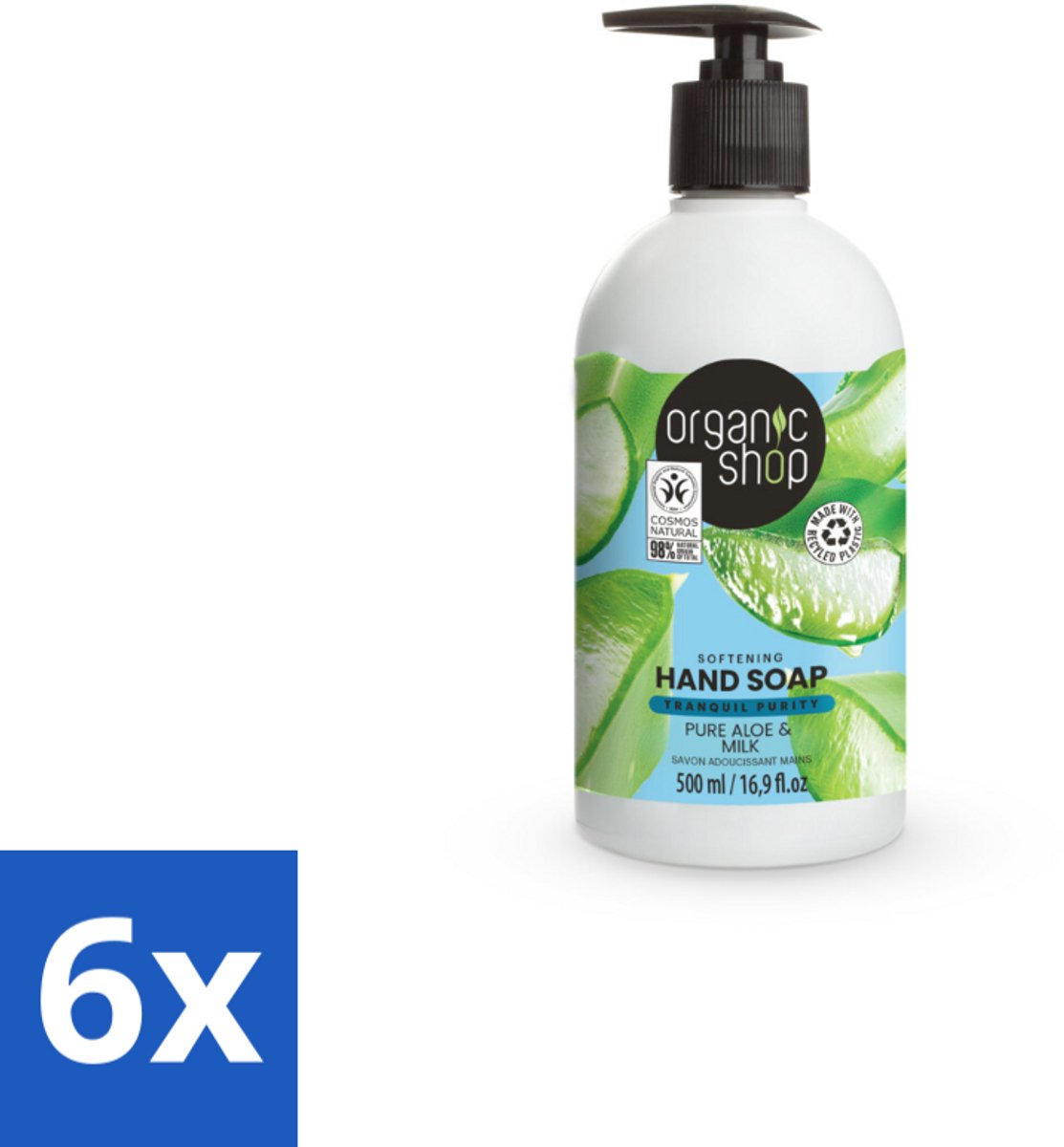 6 x Organic Shop - Handzeep Aloe & Milk - Verzachtend en Hydraterend - 500 ml - Biologische Handzeep - Aloë Vera Handzeep - Hydraterende Handzeep - Verzachtende Handzeep - Melkproteïnen Handzeep