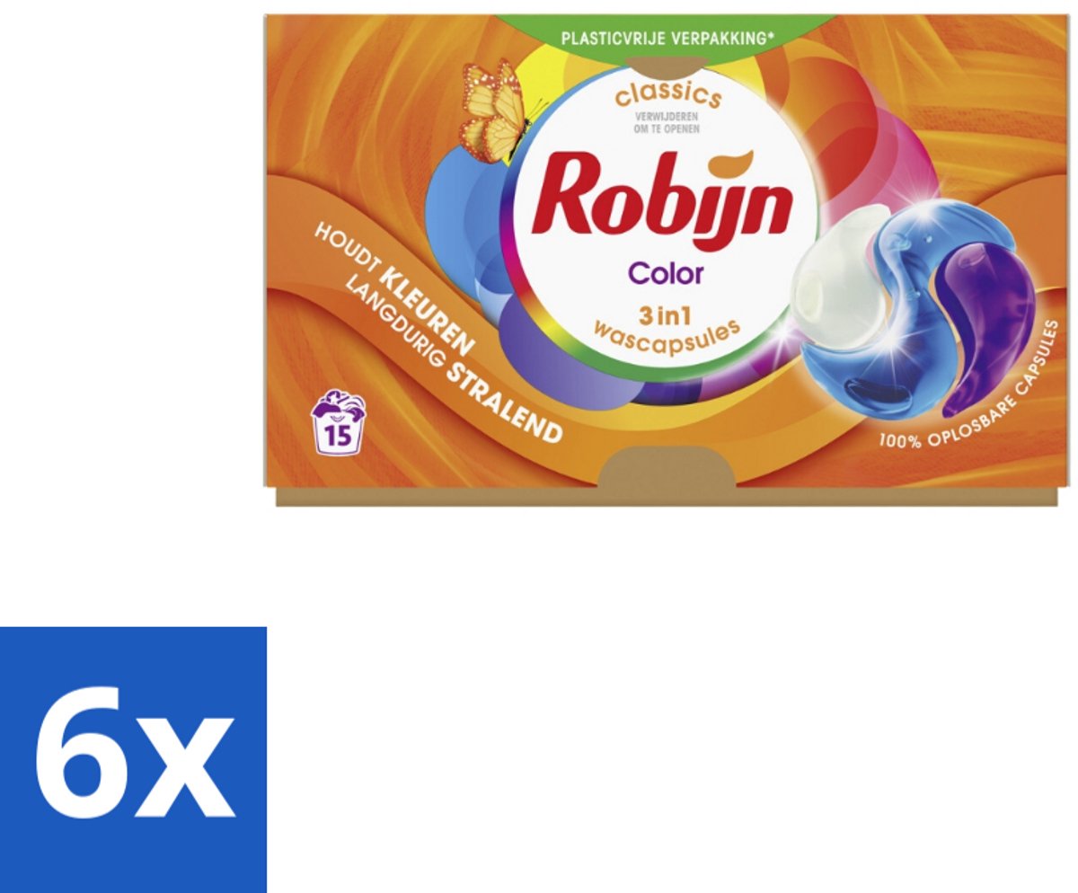 6 x Robijn - 3-in-1 Color - Wascapsules - 15 Wasbeurten - Wascapsules - Wasmiddel - Gekleurde Was - Wasverzorging - Kleurbehoud