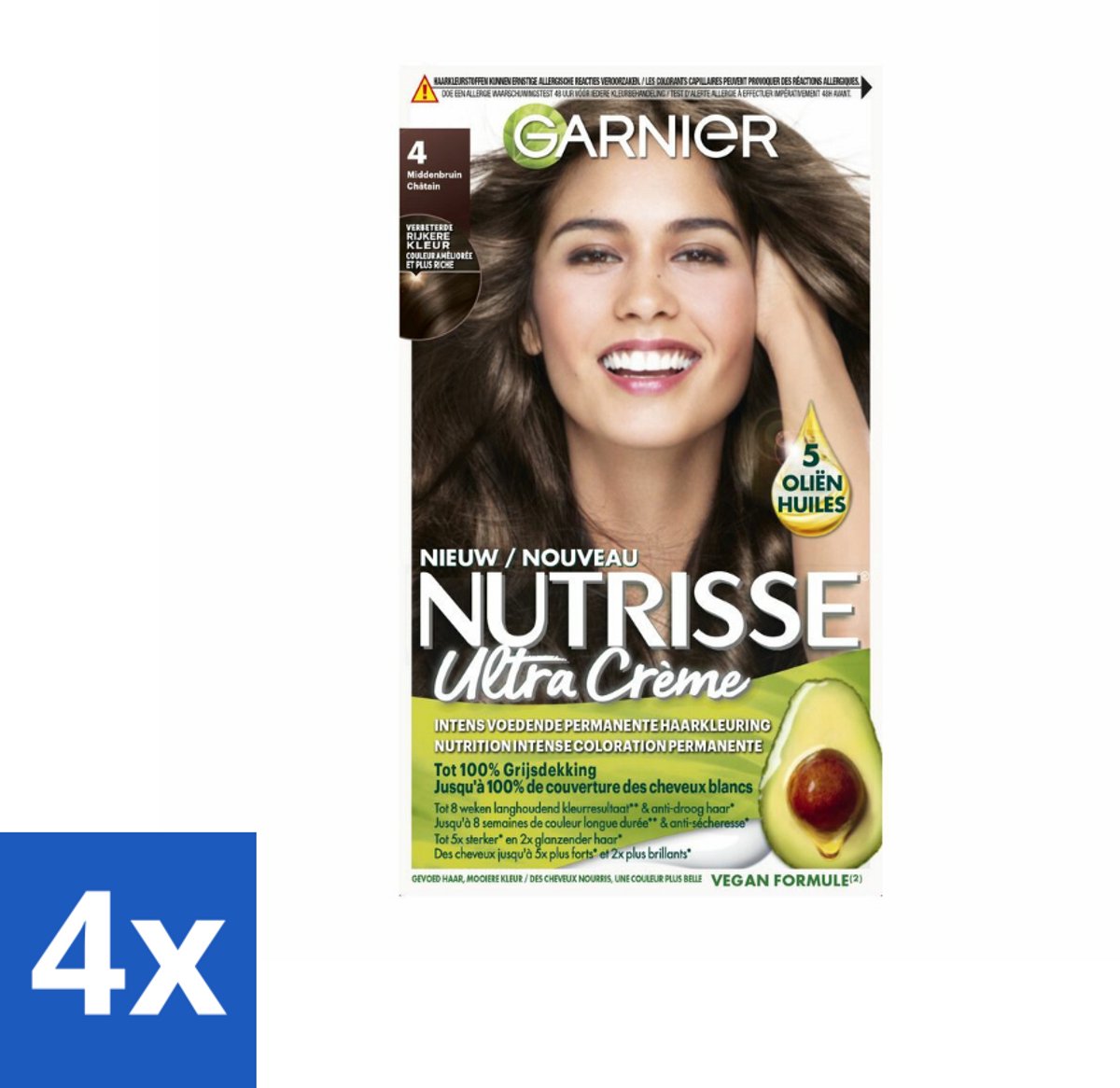 4 x Garnier - Nutrisse Ultra Crème 4 - Haarkleuring - Middenbruin - Intens Voedend - Permanente Kleur - Haarverf - Permanente Haarkleuring - Grijsdekking - Voedende Haarkleuring - Nutrisse Ultra Crème
