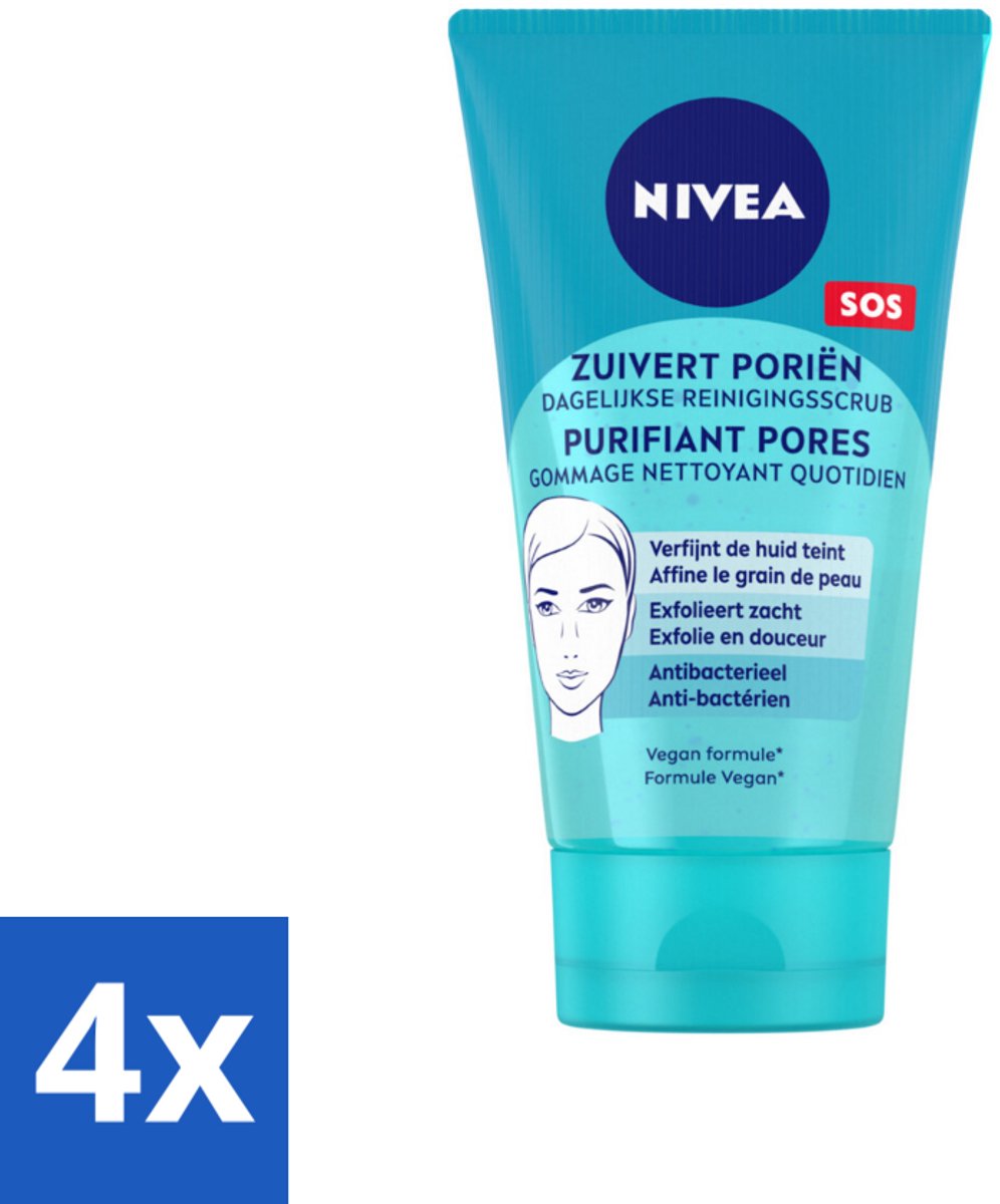 4 x NIVEA - Reinigingsscrub - Essentials Dagelijkse Scrub - Voor onzuivere huid - Met Melkzuur & Magnolia-extract - 150 ml - Gezichtsreiniger - Onzuivere Huid - Scrub - Puistjes - Mee-eters