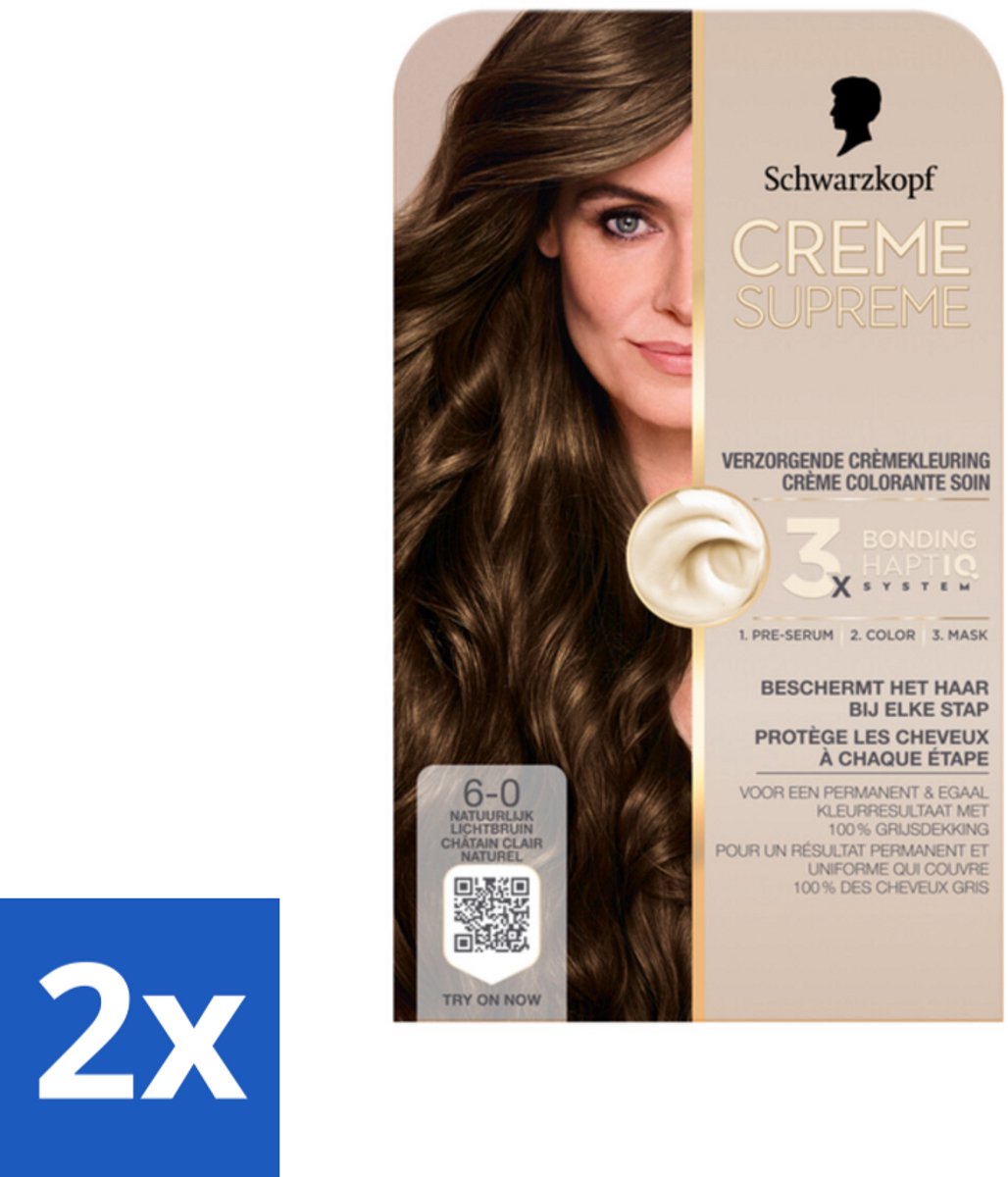 2 x Schwarzkopf - Haarkleuring - Creme Supreme 6-0 - Natuurlijk Lichtbruin - 245g - Haarverf - Permanente Haarkleur - Lichtbruin Haar - Grijsdekking - Haarkleur Verzorging