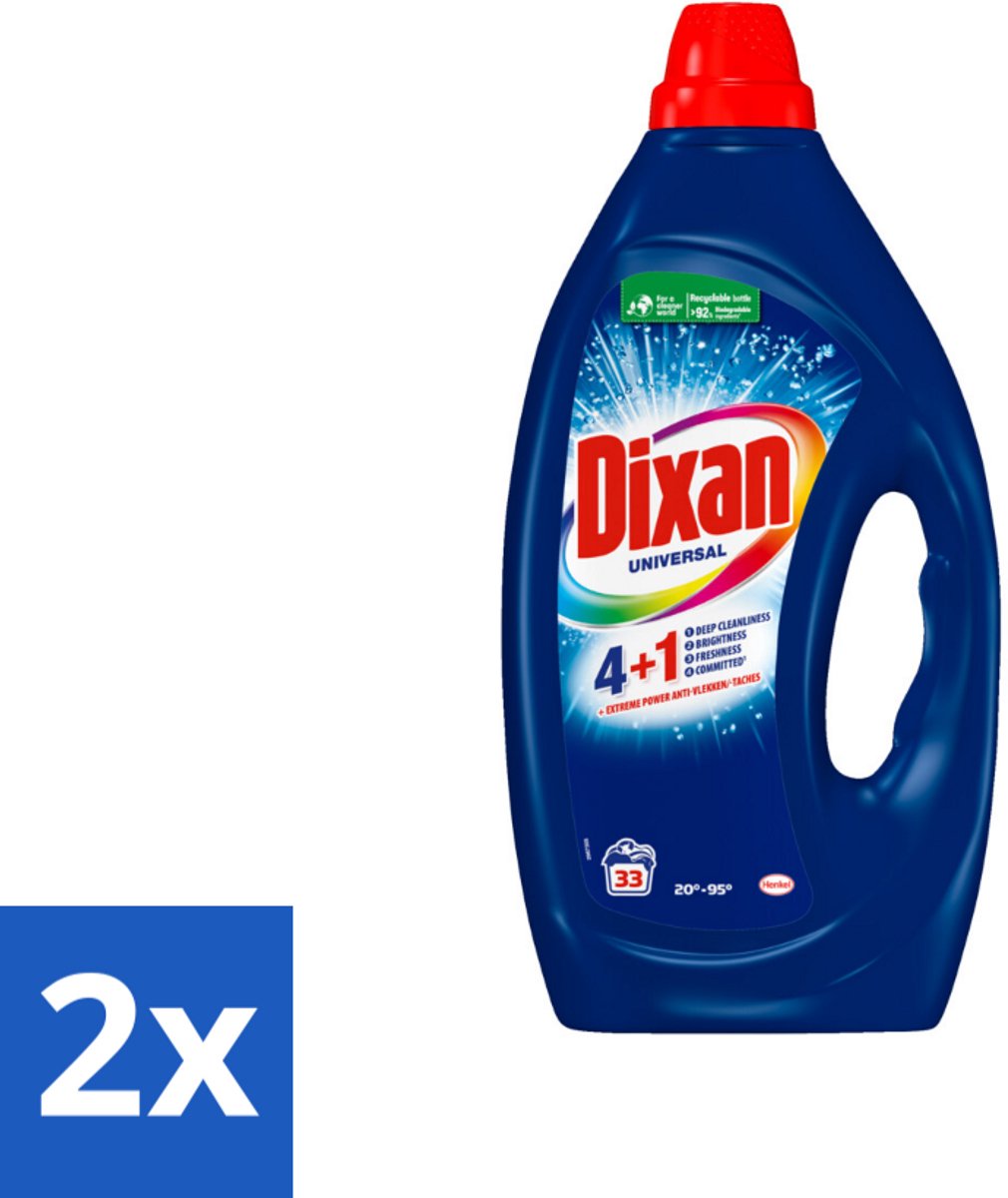 2 x Dixan - Vloeibaar wasmiddel - Universeel - 33 wasbeurten - Dixan - Wasmiddel - Vloeibaar Wasmiddel - Waskracht - Vlekken Verwijderen