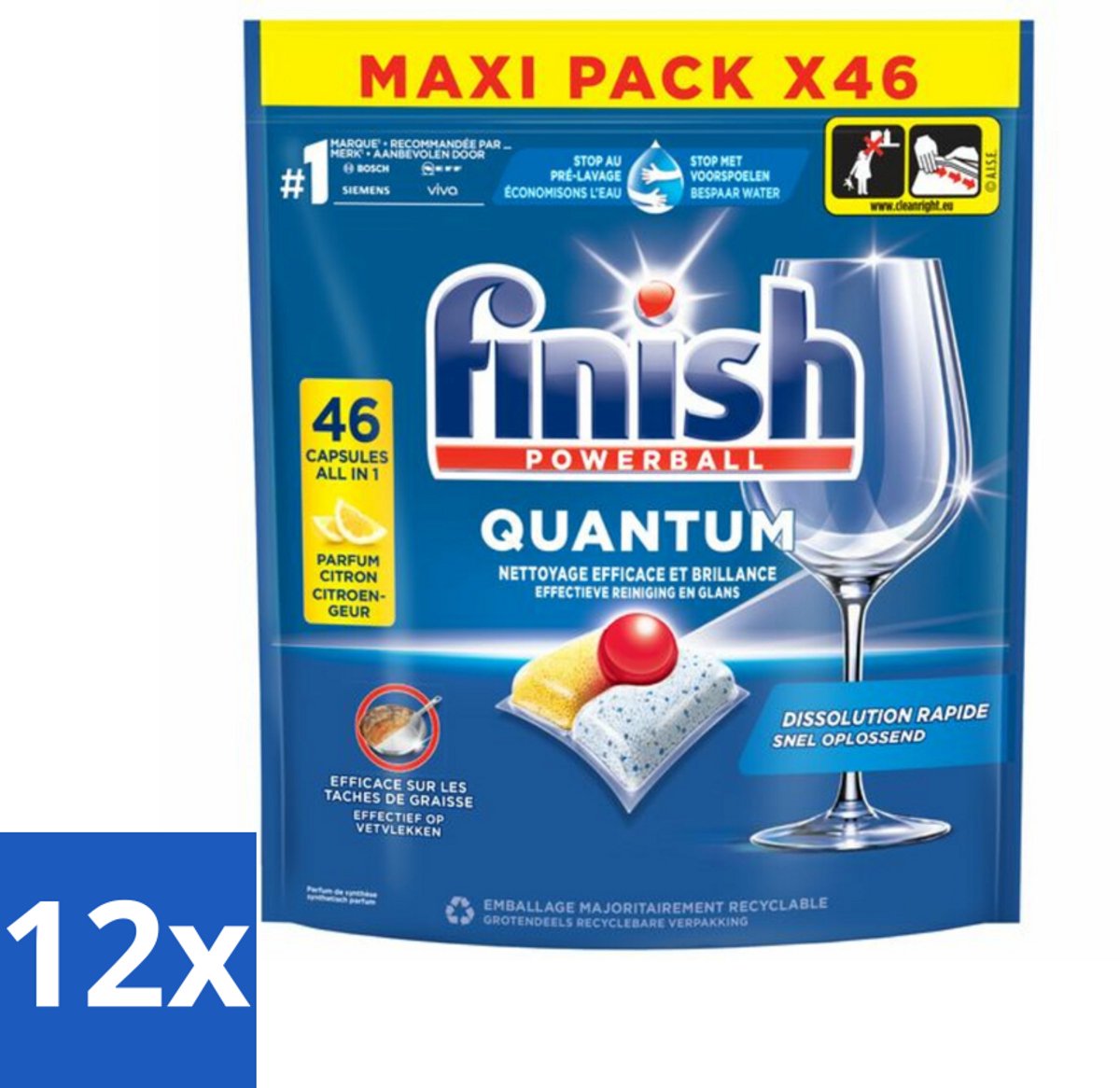 12 x Finish - Vaatwasmiddel - Quantum Vaatwastabletten Citroen - Diepe Reiniging & Frisheid - 46 capsules - Vaatwastabletten - Vaatwasser - Diepe Reiniging - Citrusgeur - Glans