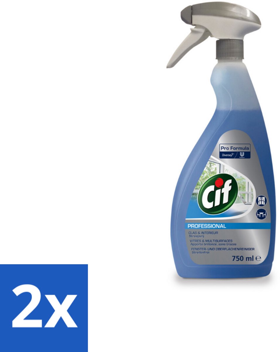 2 x Cif Glas- en Ruitenreiniger - Spray - Streeploze Glans - Voor Ramen en Spiegels - 750 ml - Glasreiniger - Ramen Schoonmaken - Spiegels Schoonmaken - Streeploos Schoon - Glasglans