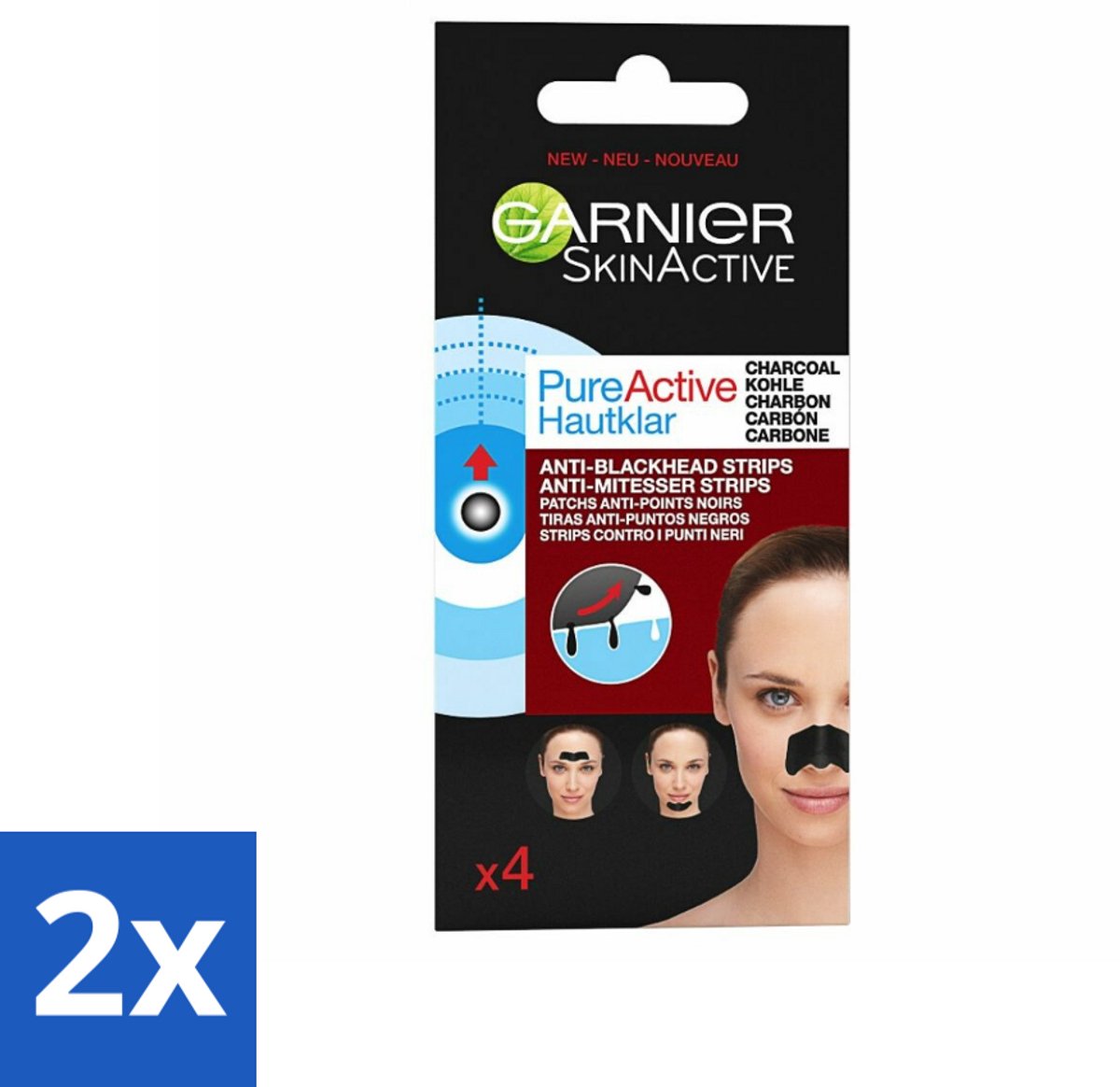2 x Garnier - Pure Active - Anti-Mee-Eters Strips - Charcoal - Neus, Voorhoofd & Kin - 4 Strips - Anti-Mee-Eters Strips - Houtskoolstrips - Poriënreiniging - T-Zone - Huidverzorging