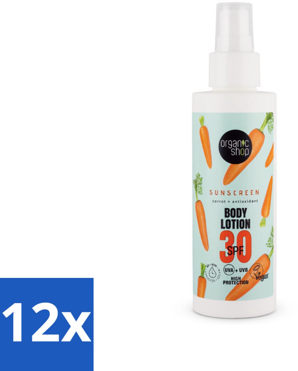 12 x Organic Shop - Zonnebrandcrème SPF 30 - Bescherming tegen de Zon - 150 ml - Zonnebrand - Zonnebescherming - Spf 30 - Natuurlijke Zonnebrand - Antioxidanten