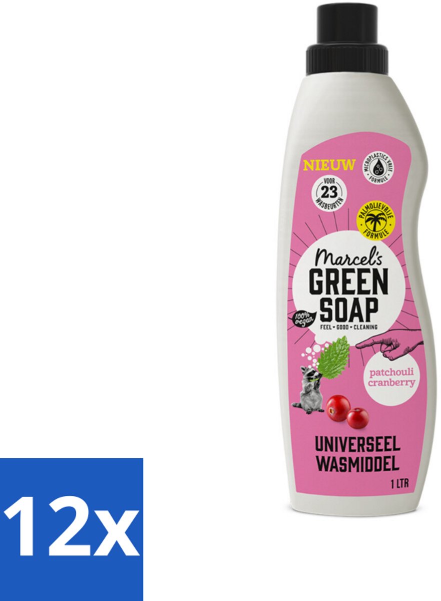12 x Marcel's Green Soap - Vloeibaar Wasmiddel - Patchouli & Cranberry - Effectief & natuurlijk - 23 Wasbeurten - 1 liter - Wasmiddel - Biologisch Wasmiddel - Milieuvriendelijk Wasmiddel - Natuurlijke Zeep - Wasmiddel Patchouli