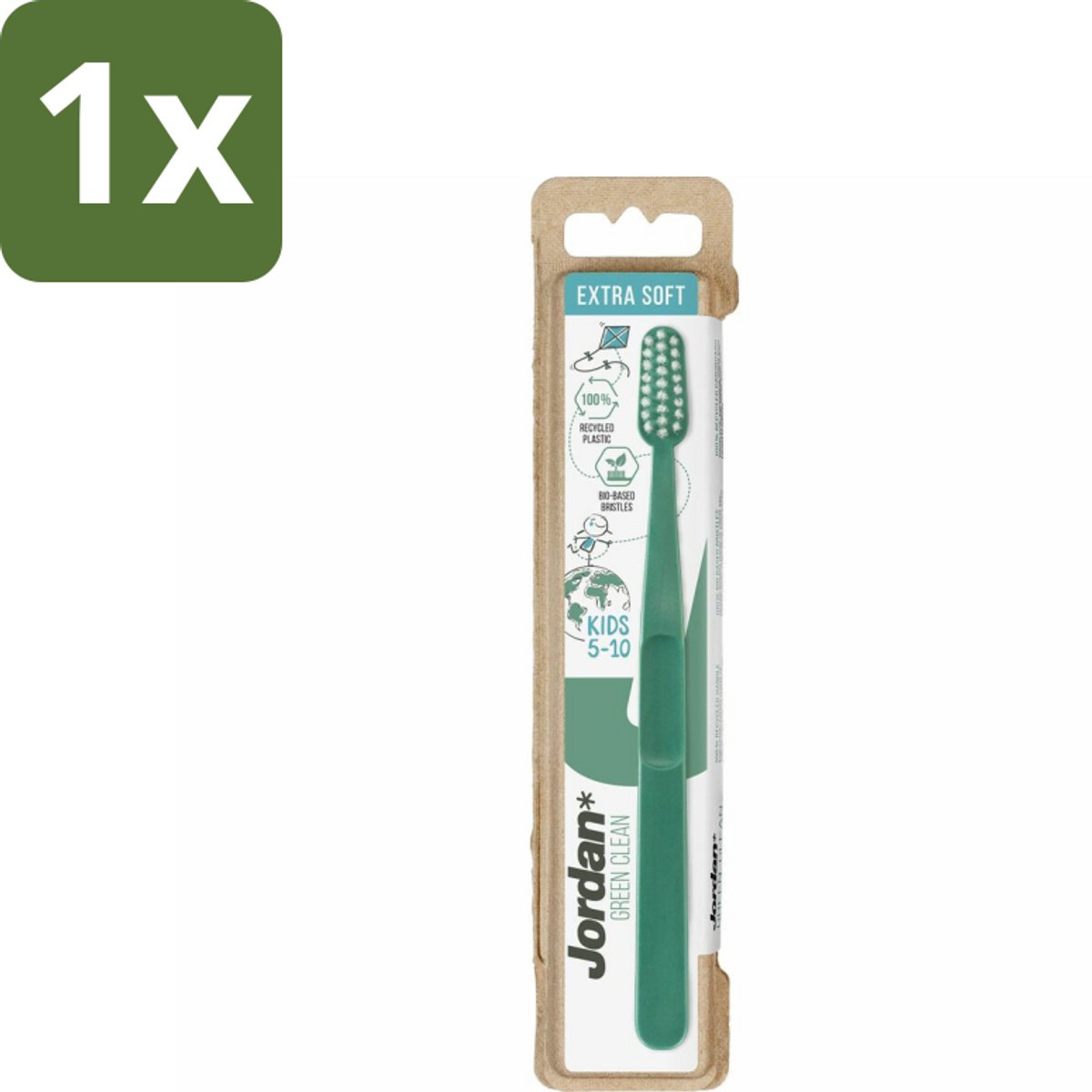 1 x Jordan - Tandenborstel - Green Clean - Extra Soft - 5 tot 10 Jaar - Kinderen Tandenborstel - Kindertandenborstel - Duurzame Tandenborstel - Extra Zachte Borstel - Kindermondverzorging
