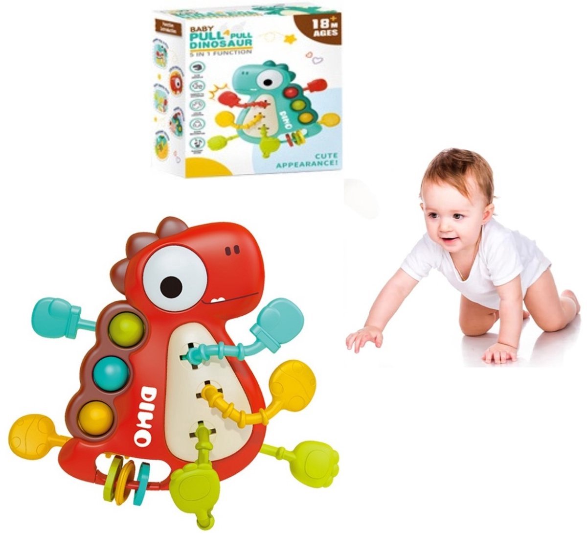 Casalora – Montessori Baby Speelgoed 8 Maanden+ – Trek- & Draaibaar Dinosaurusspeelgoed – Educatief Speelgoed – Fijne Motoriek & Ontwikkelingsspeelgoed voor Peuters – Sensorisch Speelgoed Baby – Rood