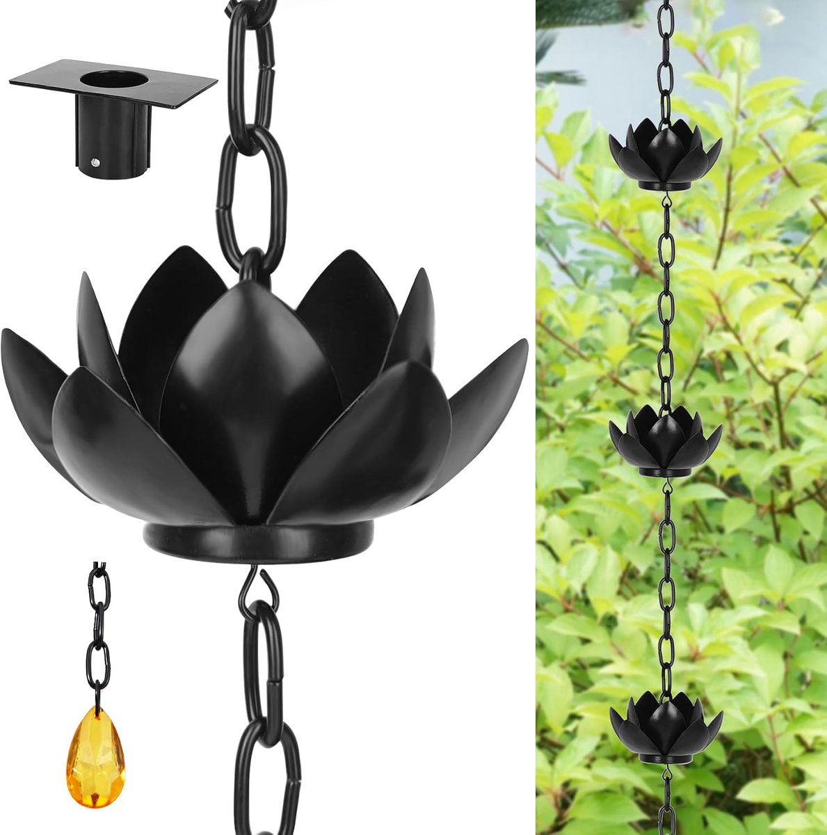 KZQ 1,2 meter regenketting met lotus ontwerp - Functionele regenpijp voor dakgoten - Geschikt voor buiten en tuin - Zwart