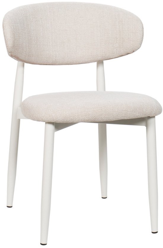 Beige eetkamerstoel met witte poten, vanuit de voorkant bekeken.