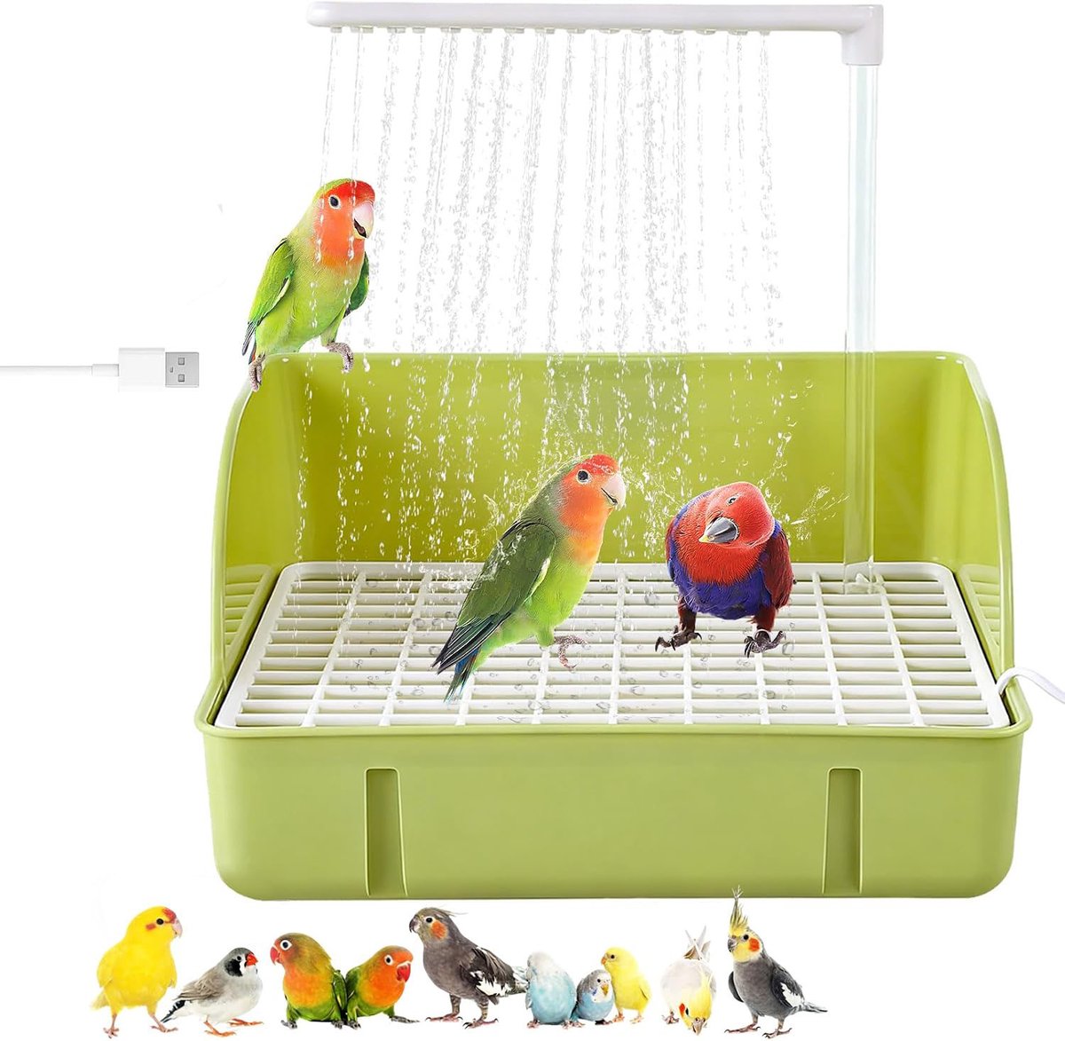 Bird Bath Tub - Automatic Parrot Bath Tub - Large Electric Bird Bath Tub - Bird Shower Fountain - With USB Pump - With Flowing Water - Suitable for Pet Birds, African Grey Parrots, Cockatiels, Lovebirds - Green