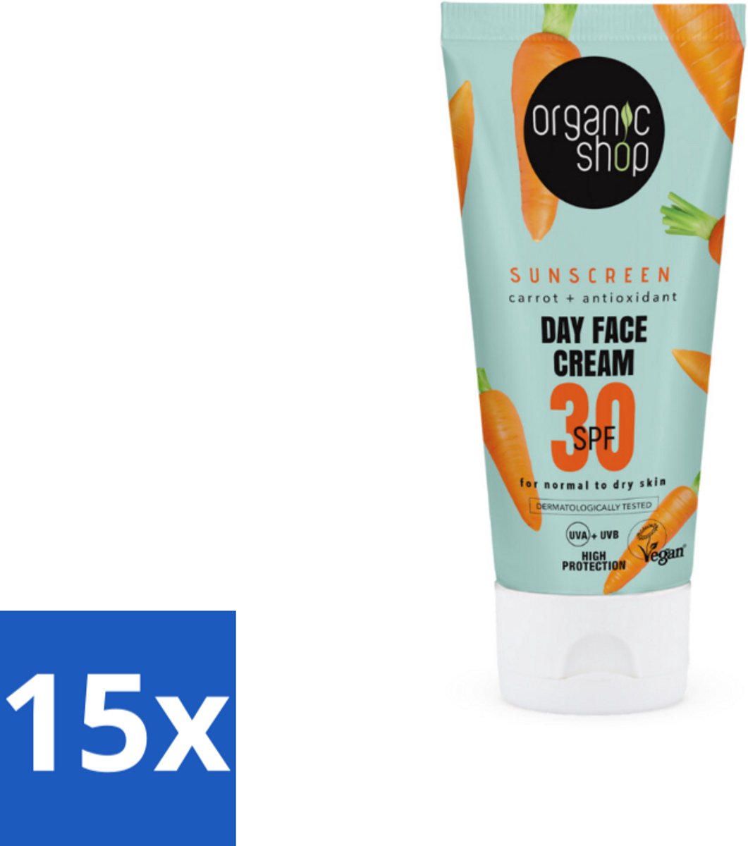 15 x Organic Shop - Zonnebrandcrème Gezicht SPF 30 - Normale Huid - 50 ml - Zonnebrandcrème - SPF 30 - Gezichtsbescherming - UVA/UVB Bescherming - Natuurlijke Zonnebrand