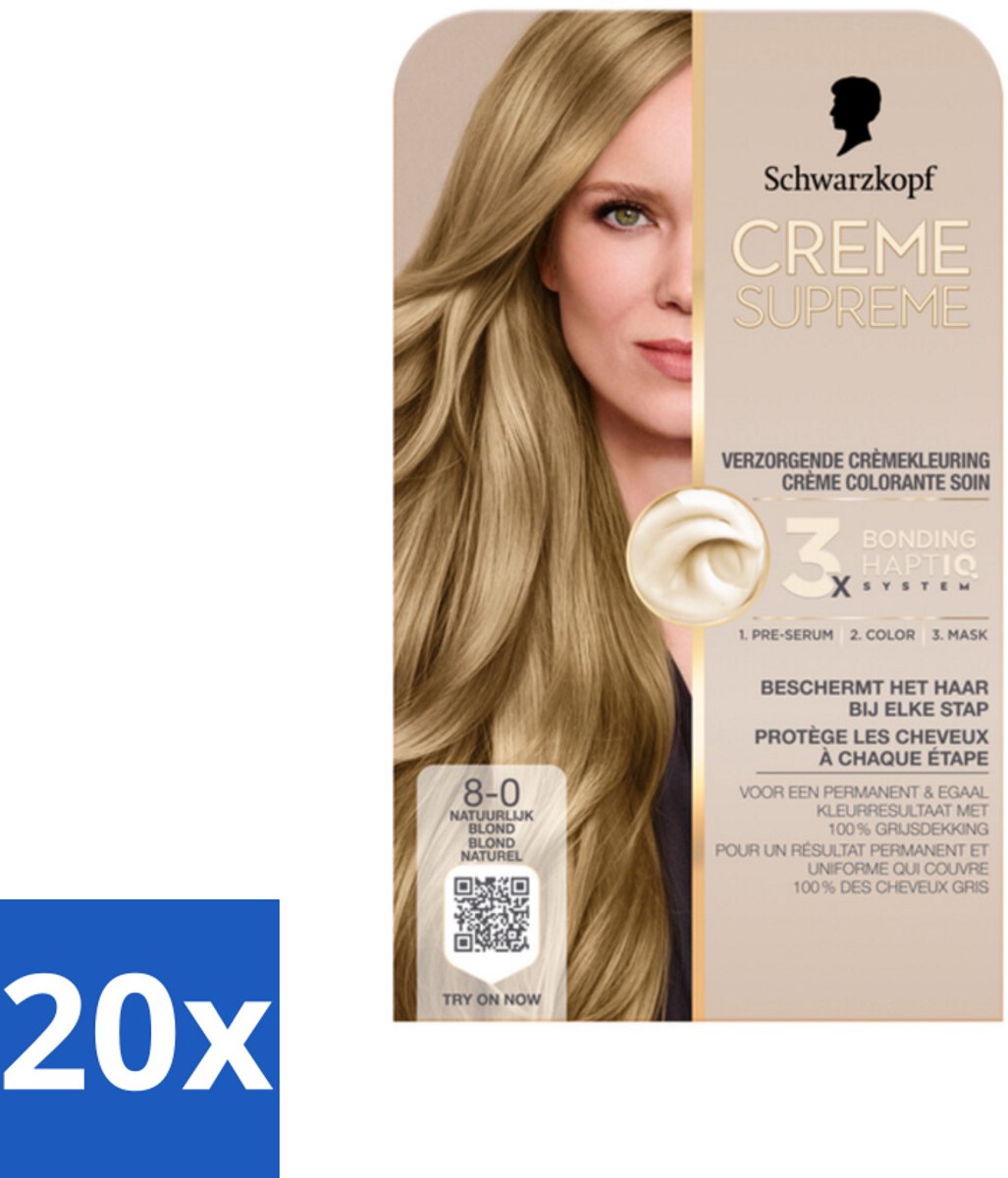 20 x Schwarzkopf - Haarkleuring - Creme Supreme 8-0 - Natuurlijk Blond - 245g - Natuurlijk Blond - Permanent Haarverf - Haarverf Creme Supreme - Haarverf 8-0 - Haarverf 100% Grijsdekking