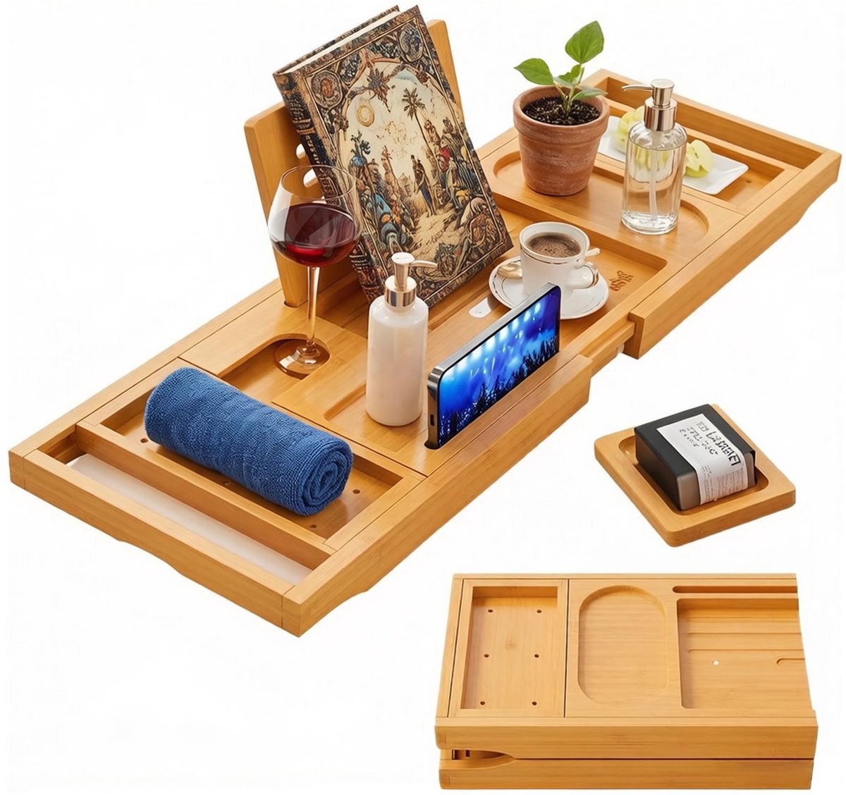 Opvouwbare badbak 104 x 23 x 3 cm - bamboe houten badkuiphouder - verstelbare afvoerbak - ideaal voor ontspanning - ShopVlot
